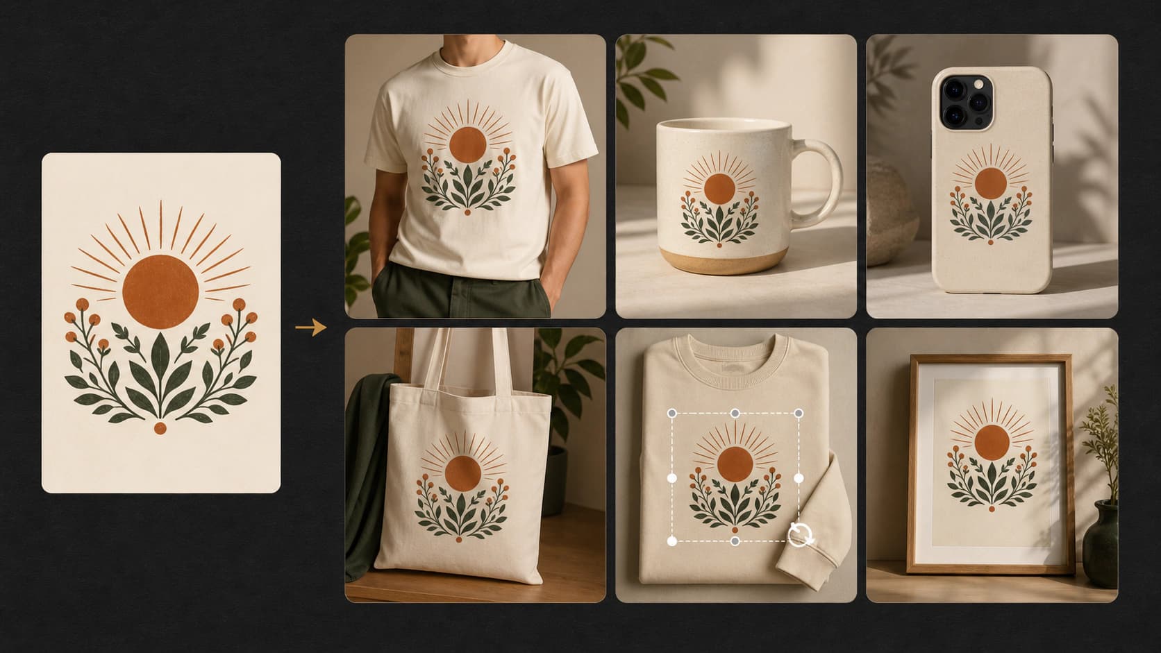 One botanical design applied across ready-made T-shirt, mug, phone case, tote bag, sweatshirt, and framed-print templates