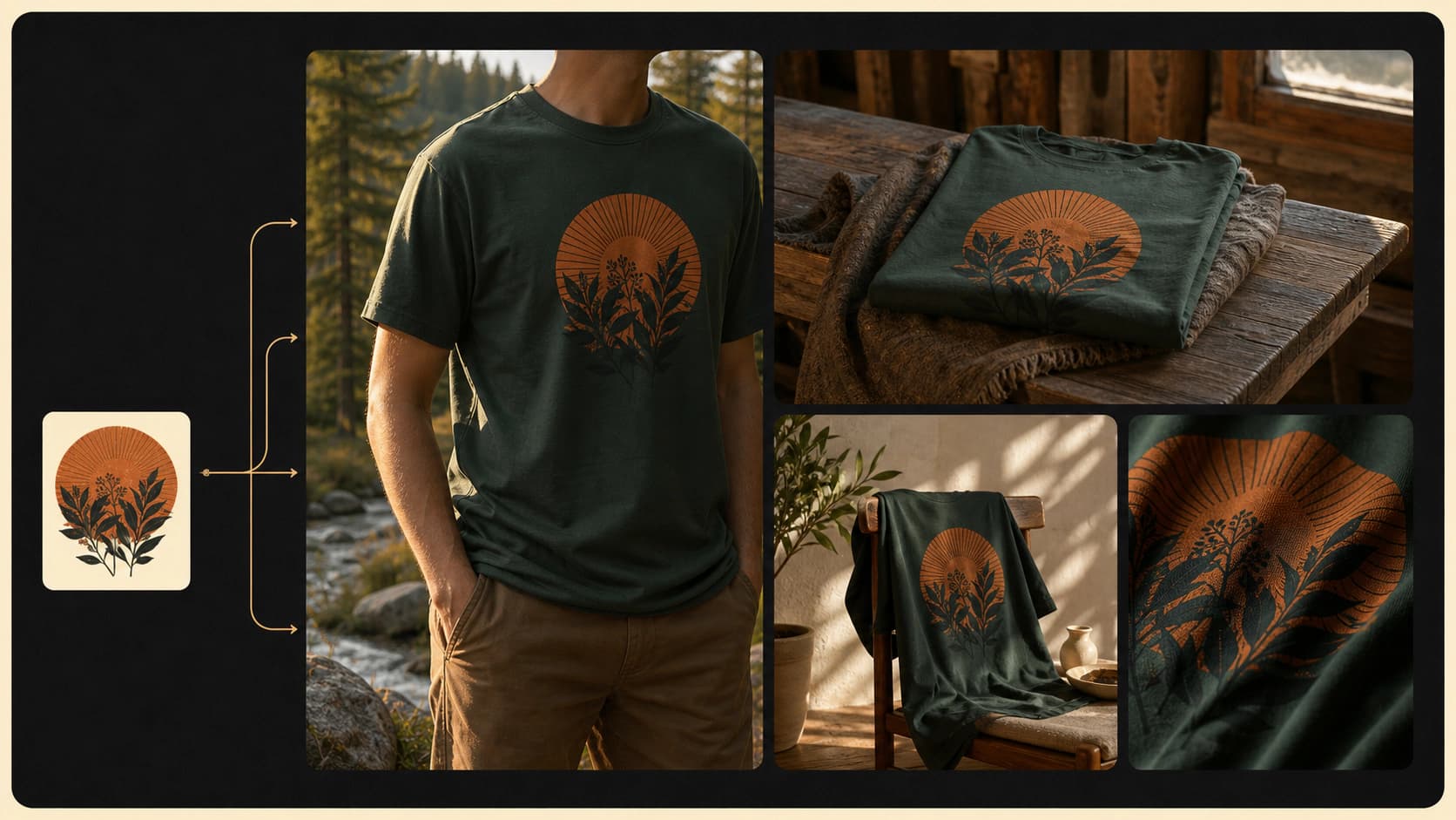 One botanical T-shirt design rendered in varied outdoor, cabin, studio, and close-up lifestyle scenes