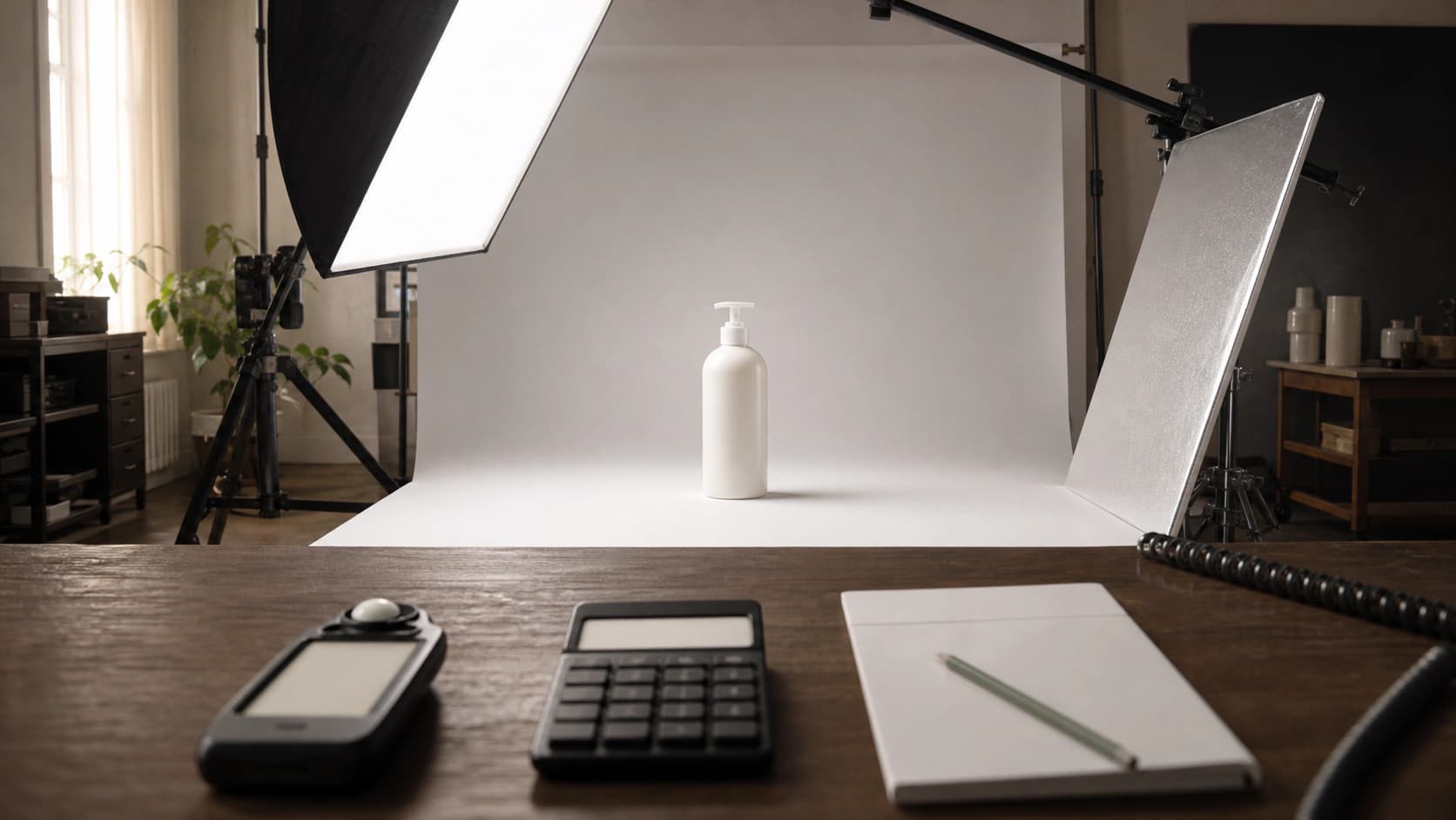A product photography set seen from behind the lights: a white ceramic bottle on a sweep under a softbox, with a light meter, a printed shot list and a pocket calculator resting on the table edge.