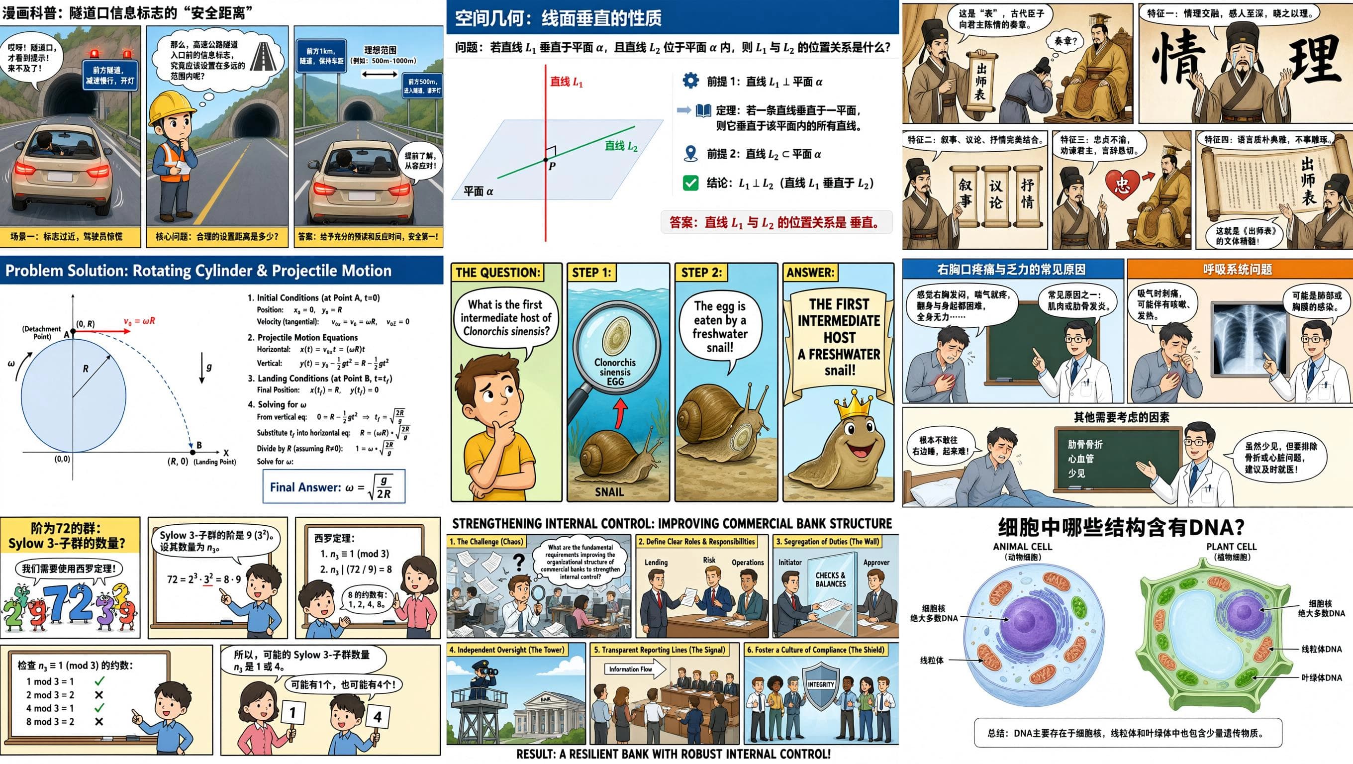 Qwen Image 3.0 output containing nine dense educational infographics with Chinese and English text, formulas, diagrams, and comics