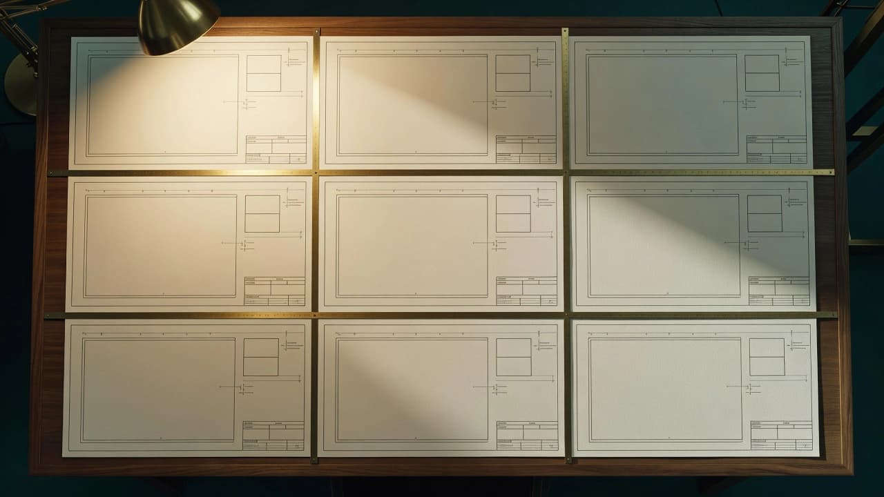 An overhead studio photograph of a drafting table covered in a precise three by three grid of blank cream paper panels ruled with empty chart frames and diagram boxes, lit by warm raking lamplight