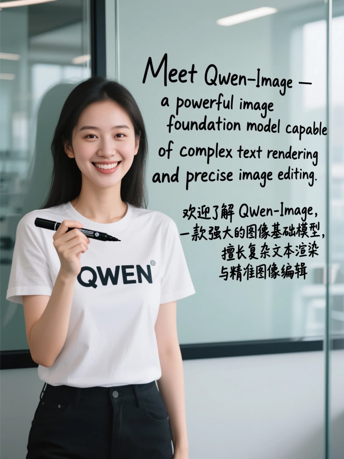 Qwen-Image bilingual demo showing a woman in a QWEN t-shirt beside a glass wall covered in handwritten English text reading Meet Qwen-Image, a powerful image foundation model capable of complex text rendering and precise image editing, with the equivalent Chinese sentence handwritten beneath it