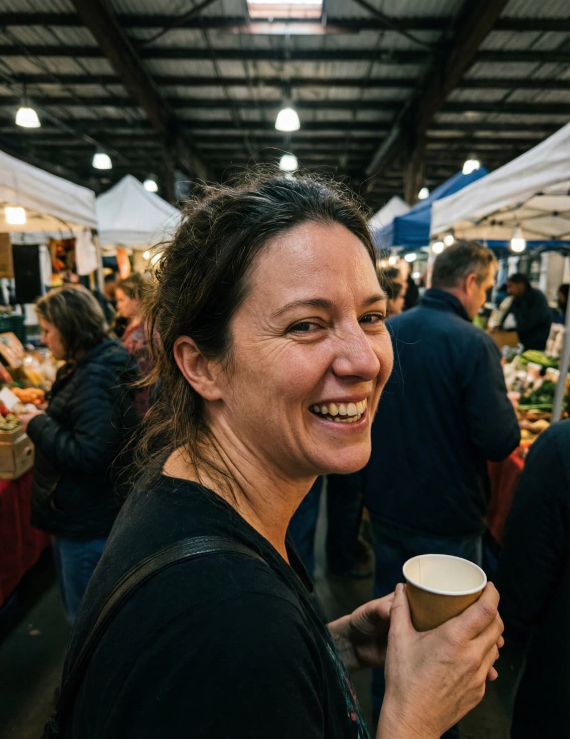 Candid snapshot of a dark-haired woman laughing mid-turn at a covered weekend market, holding a paper cup, with stalls, produce and other shoppers behind her under ordinary overhead lighting