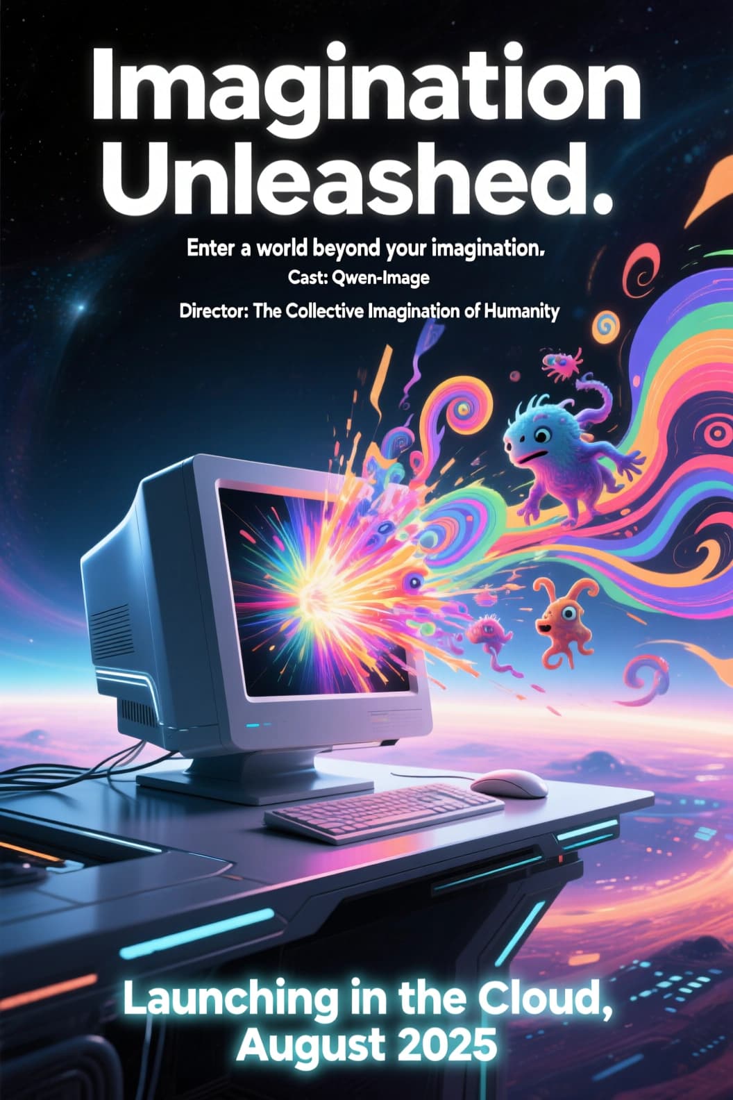 Qwen-Image movie poster demo with the headline Imagination Unleashed, a tagline, cast and director lines, a retro CRT monitor spilling colourful creatures into space, and a bottom line reading Launching in the Cloud, August 2025