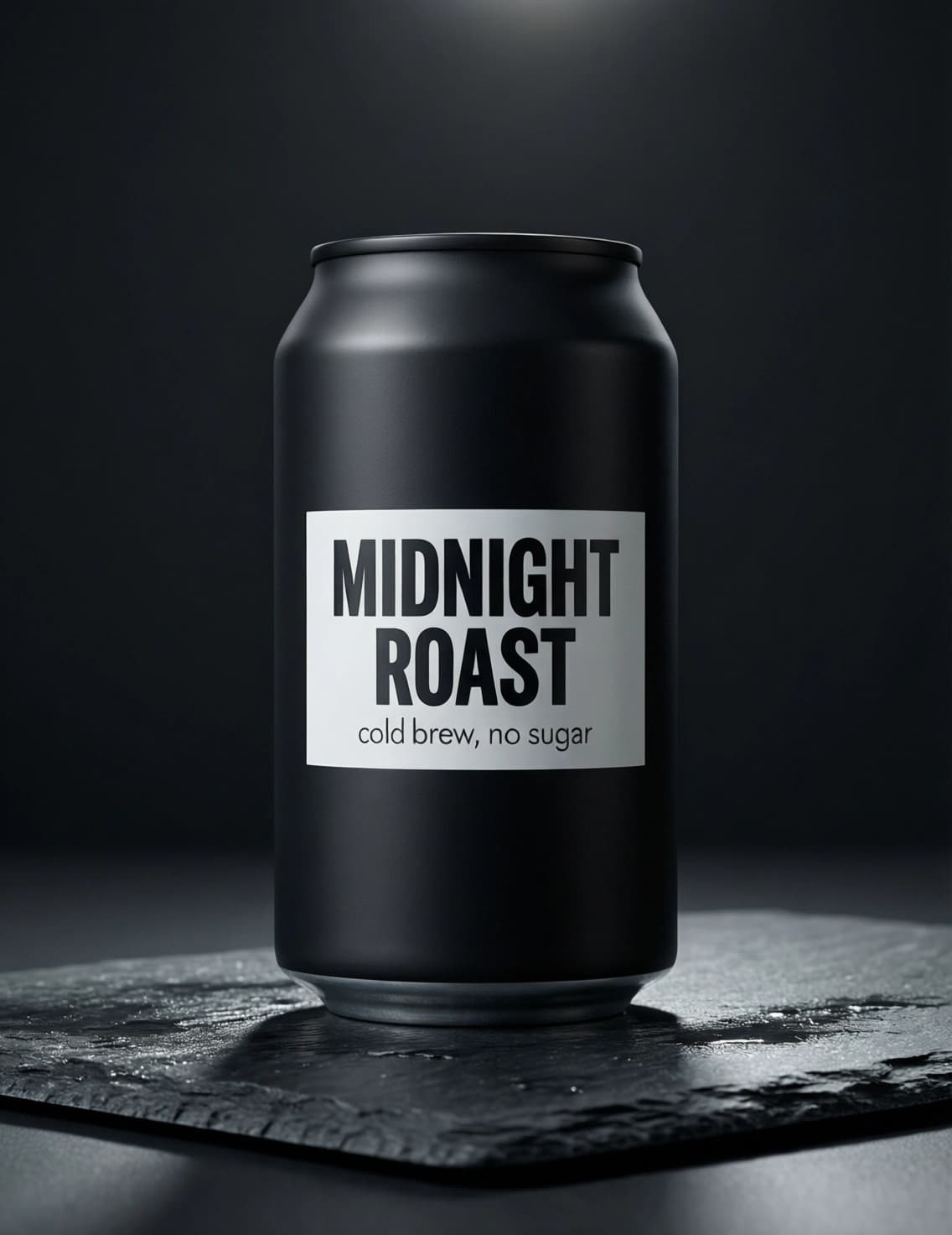 Photorealistic product shot of a matte black cold brew can on a wet slate slab against a deep charcoal background, with a white label reading MIDNIGHT ROAST in heavy condensed capitals above the line cold brew, no sugar