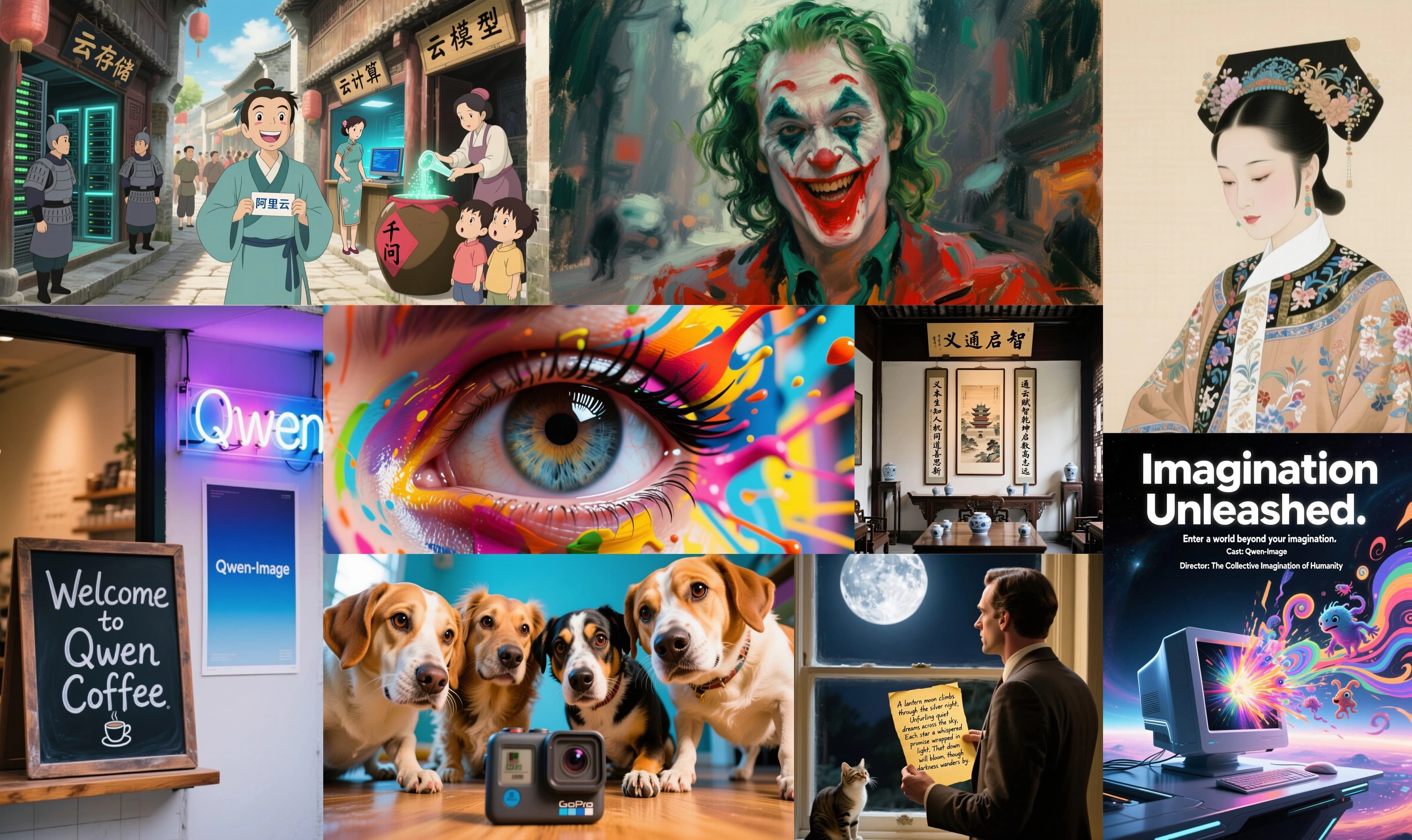 Official Qwen-Image teaser grid of nine outputs: an anime street scene with Chinese shop signs, a painted Joker portrait, a Qing-dynasty illustration, a cafe chalkboard reading Welcome to Qwen Coffee beside a Qwen neon sign, and a movie poster with fully rendered headline text.