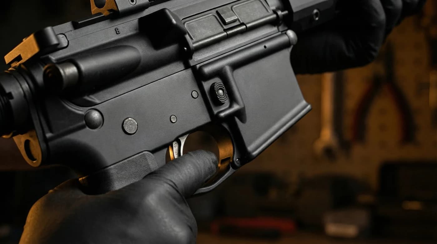 A gloved hand holding an AR-15 lower receiver with a gold trigger on a workbench