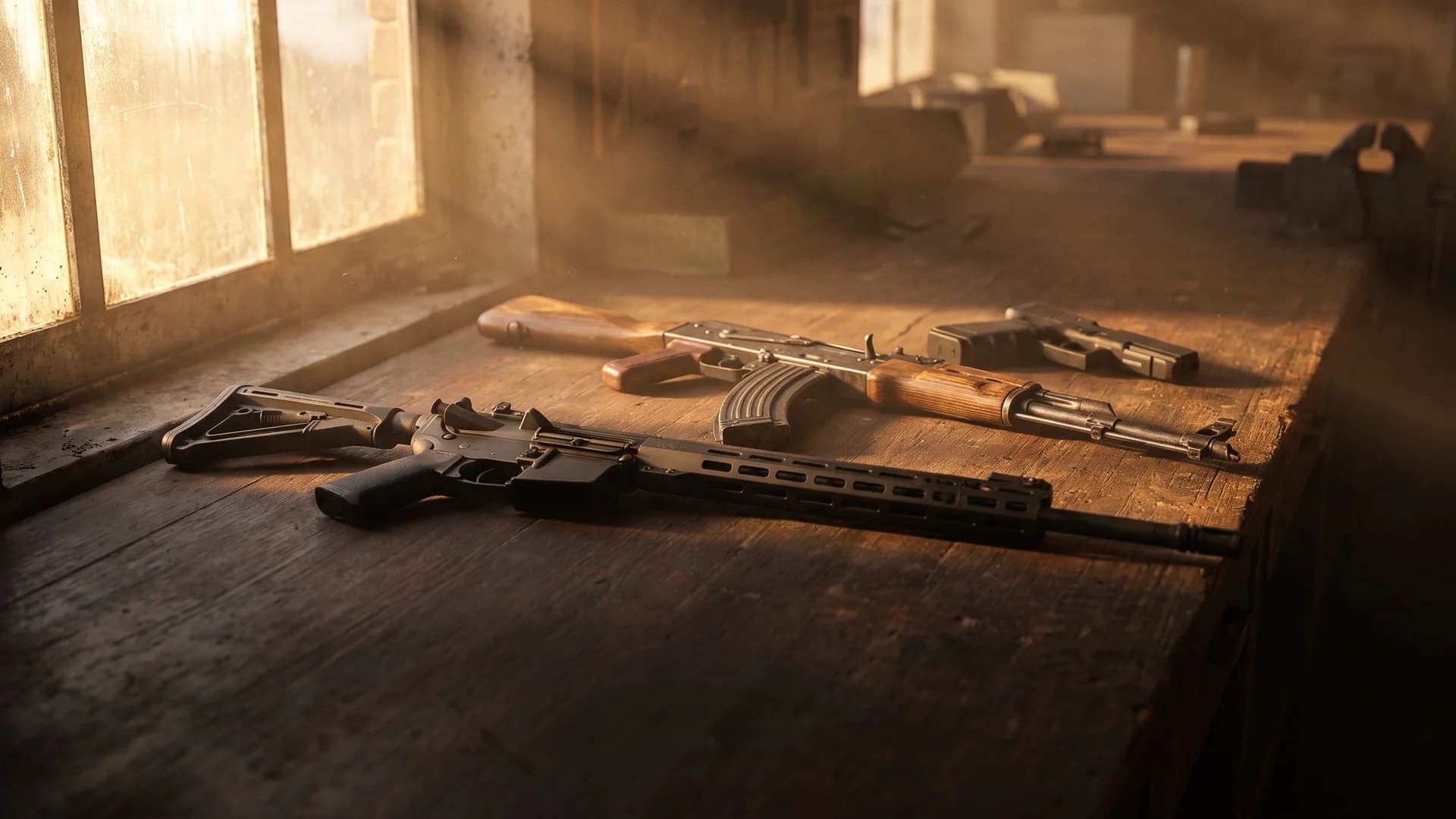 An AR-15, an AK, and a pistol laid on a wooden workbench in window light