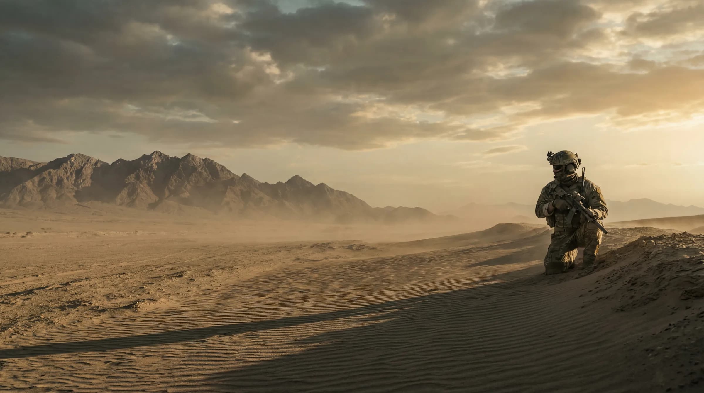 A soldier kneeling on a desert dune at sunset, the homepage hero art of Rifle Configurator