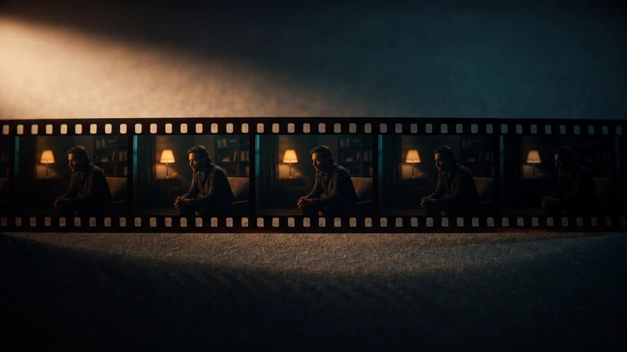 A single unbroken strip of film frames running the width of the image, the same character and lighting holding across every frame, standing for a 30 second video generated in one take.