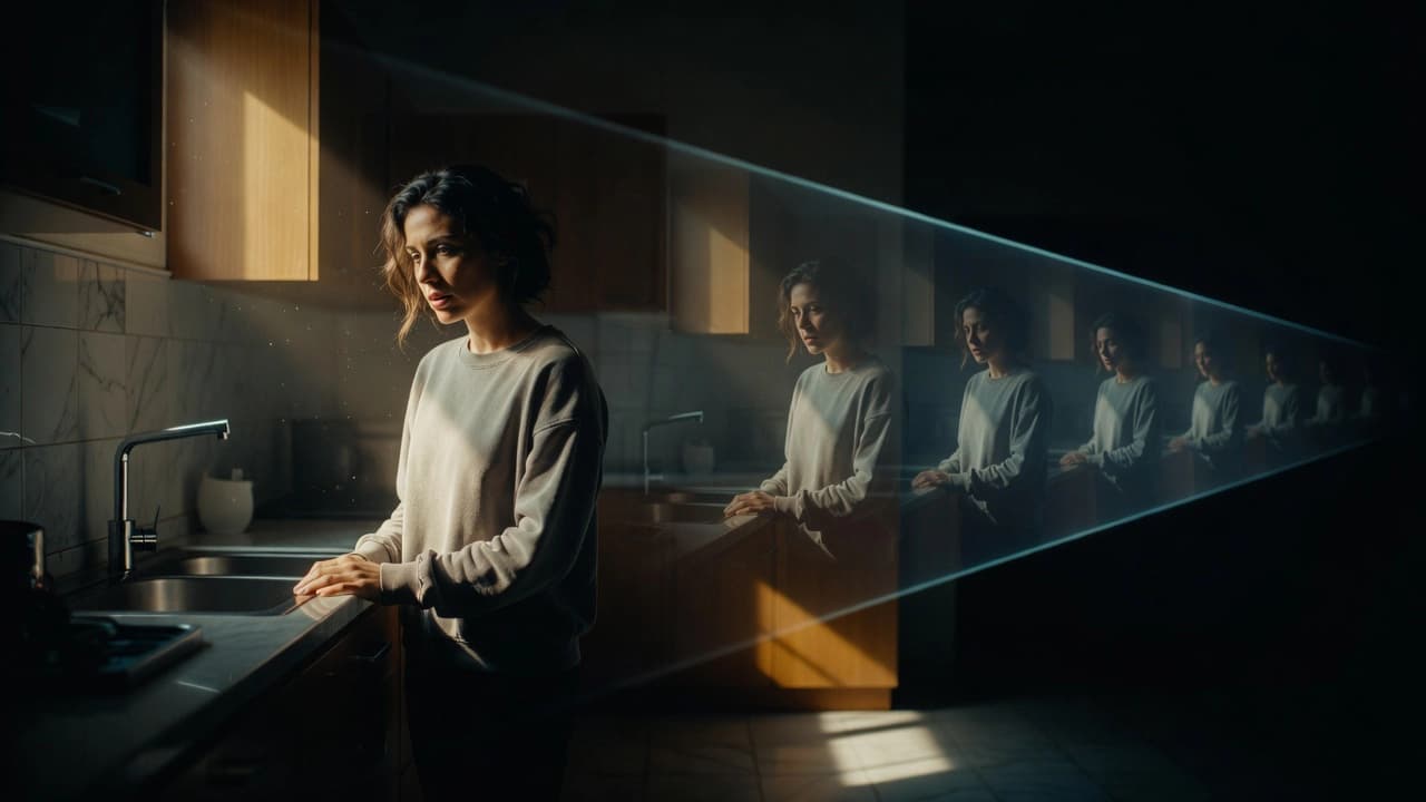 A single warmly lit film frame of a woman in a kitchen with three fainter copies of the same frame receding into darkness behind it, illustrating one prompt becoming a short video clip.