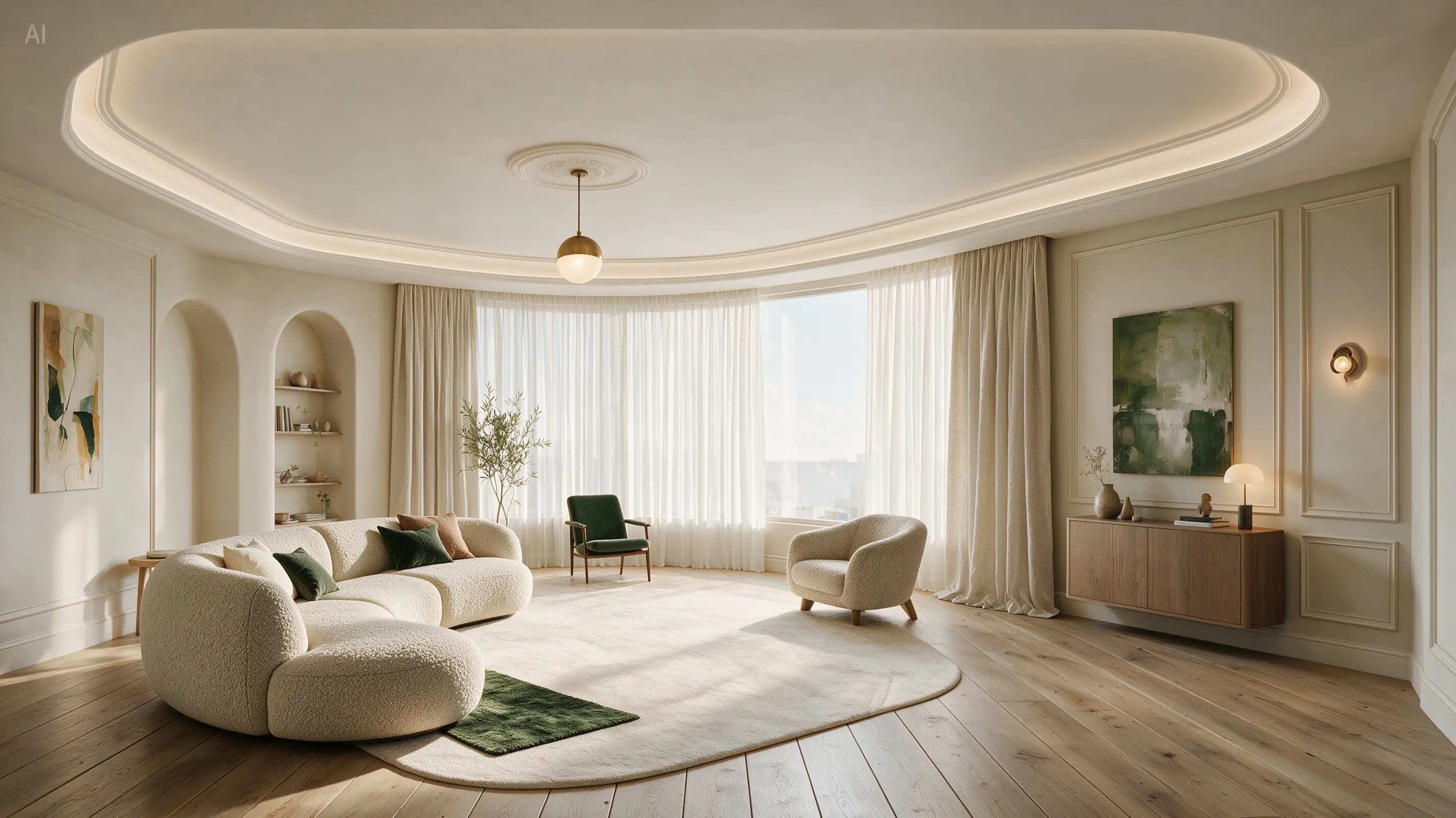 Official Seedream edited living room with light curtains, cream sofa upholstery, changed lights, and an open area without coffee tables.