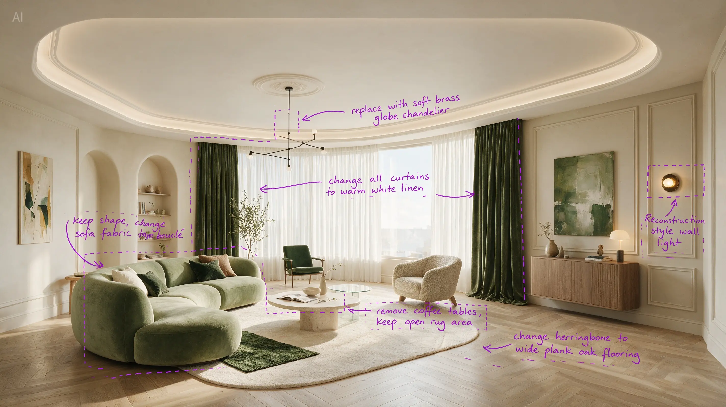 Official Seedream input showing a living room with purple annotations requesting changes to curtains, sofa, lighting, tables, and flooring.