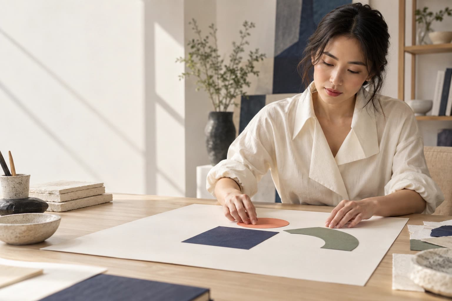 An adult woman designer arranging coral, indigo, and sage paper shapes on an ivory board.