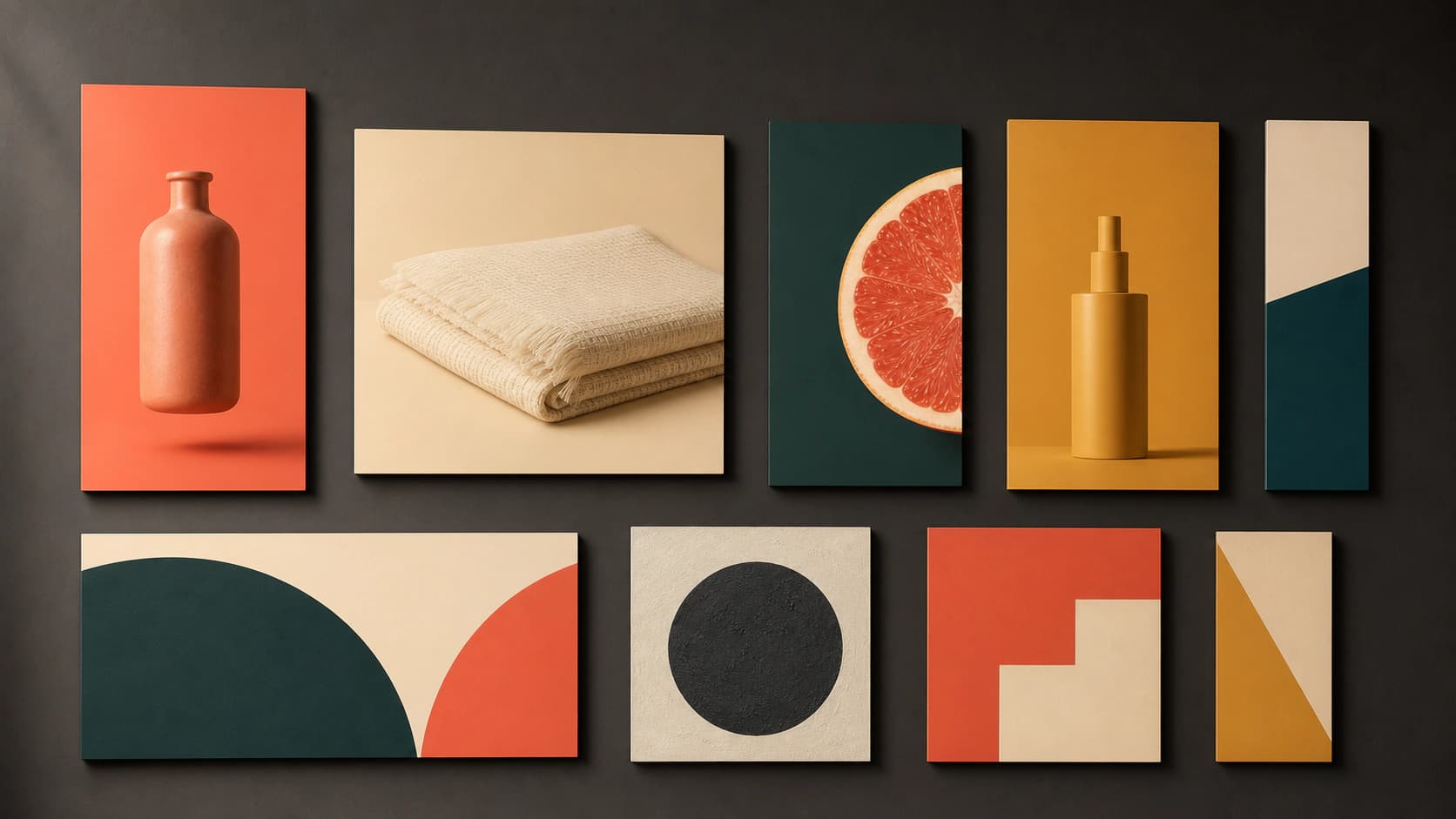 A grid of still image ad creatives on a studio wall: product on color, lifestyle scene, offer banner, and review card