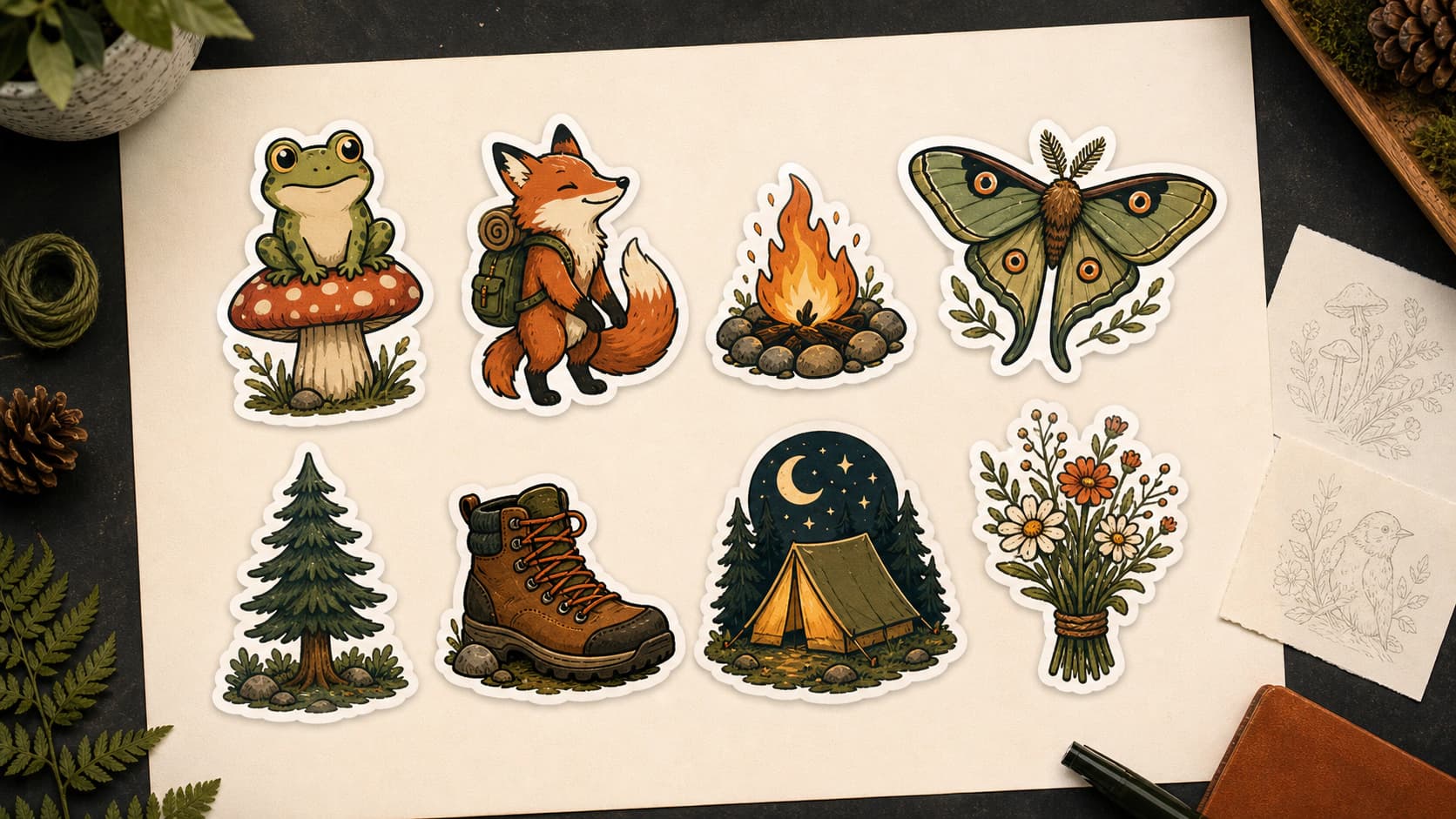 Cohesive woodland sticker collection with bold silhouettes, simple shading, dark outlines, and white die-cut borders