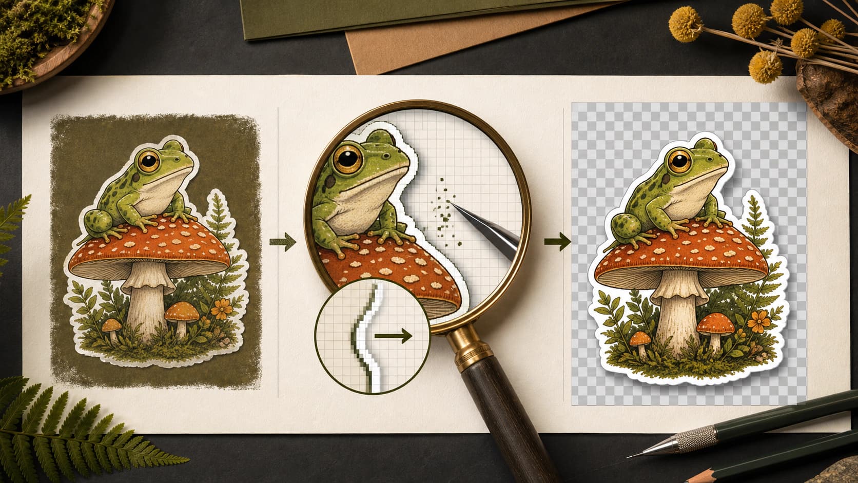 Sticker cleanup process showing background removal, magnified edge inspection, and a final transparent cut-ready file