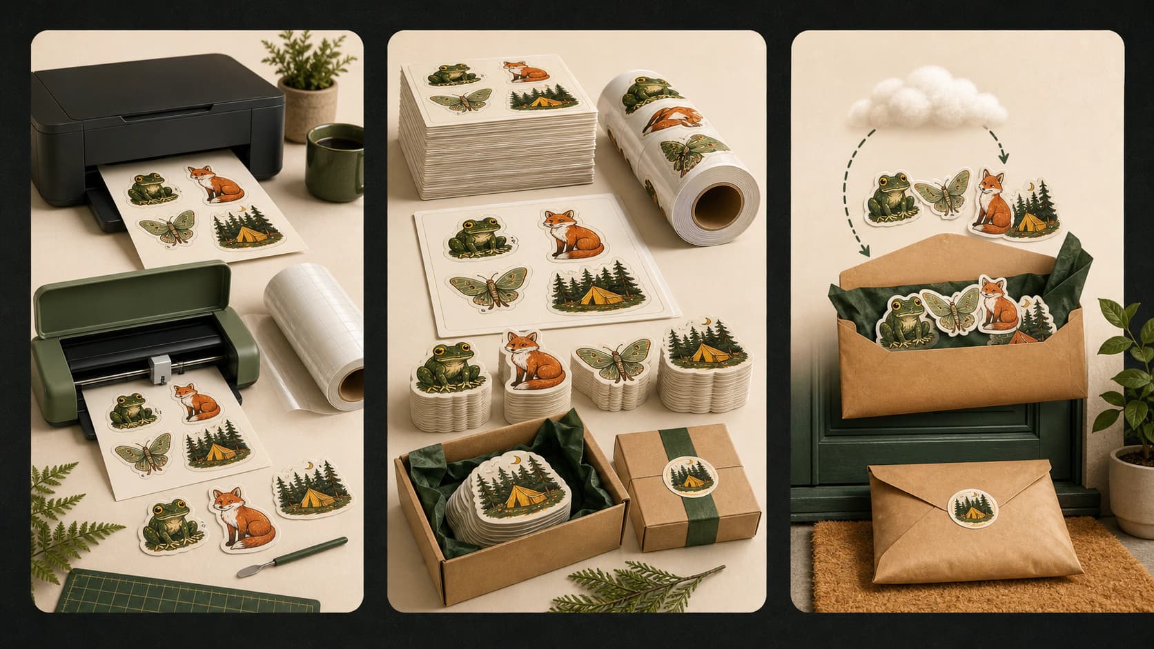 Three sticker production routes showing home printing and cutting, professional bulk production, and direct fulfillment