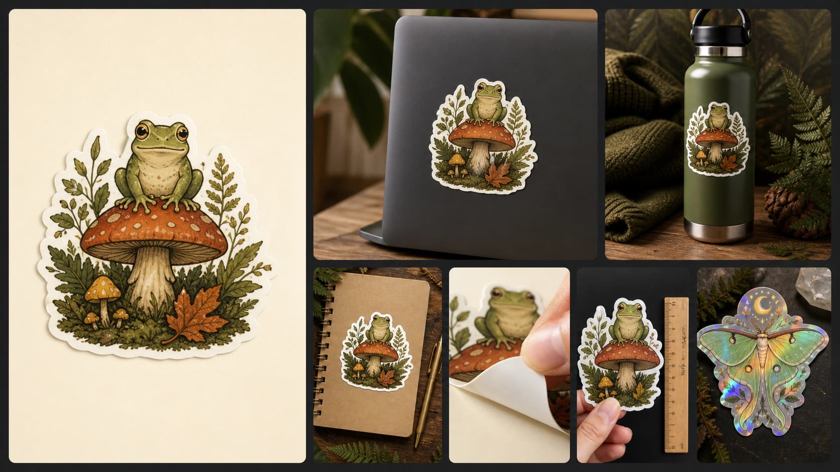 Sticker listing photo set with an isolated product shot, laptop, bottle, journal, peel detail, scale reference, and holographic example