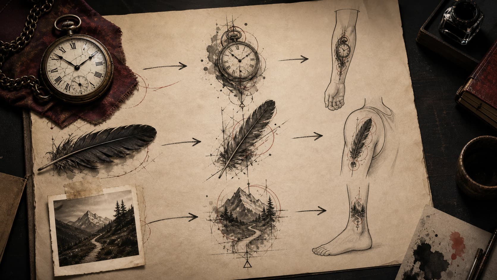 Pocket watch, raven feather, and mountain references translated into tattoo subjects shaped for forearm, shoulder, and ankle placements