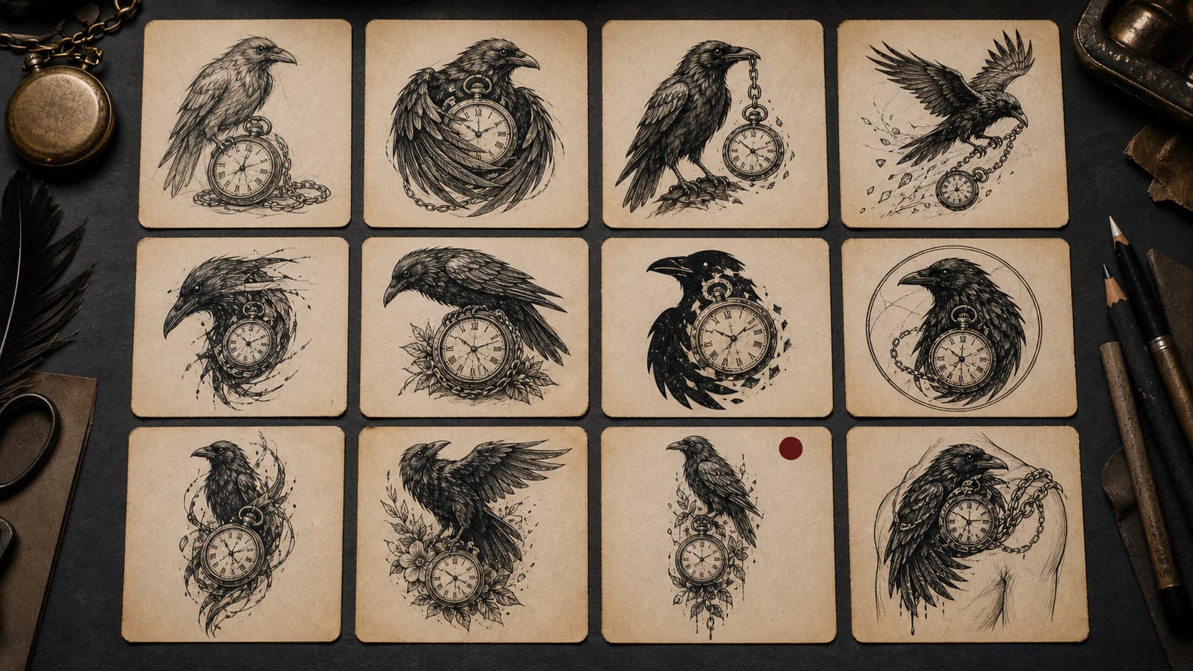 Twelve original raven and cracked pocket-watch tattoo concepts exploring different poses, compositions, and placements