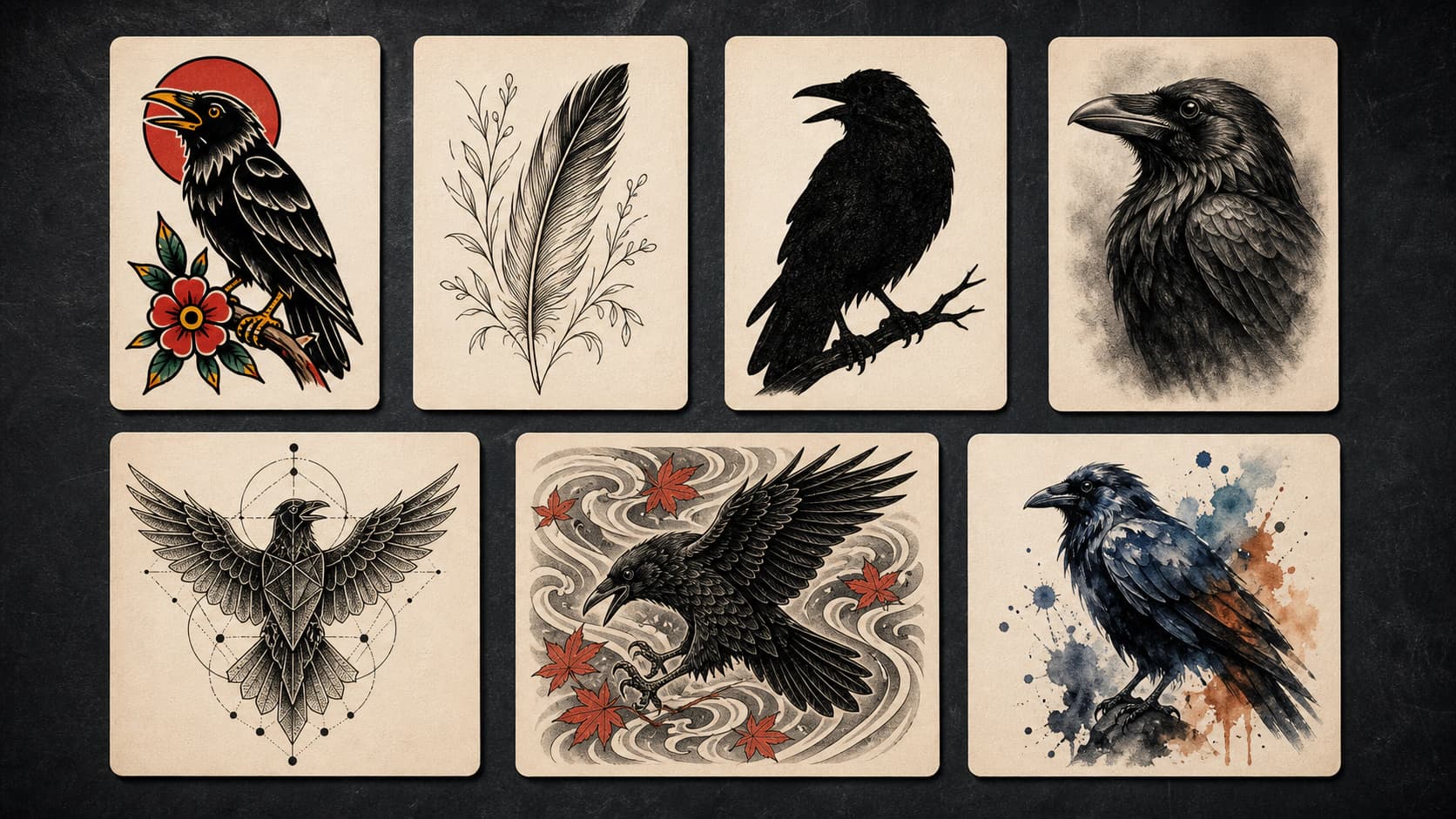 Seven raven tattoo examples in American traditional, fine line, blackwork, black-and-grey realism, geometric, Japanese-inspired, and watercolor styles