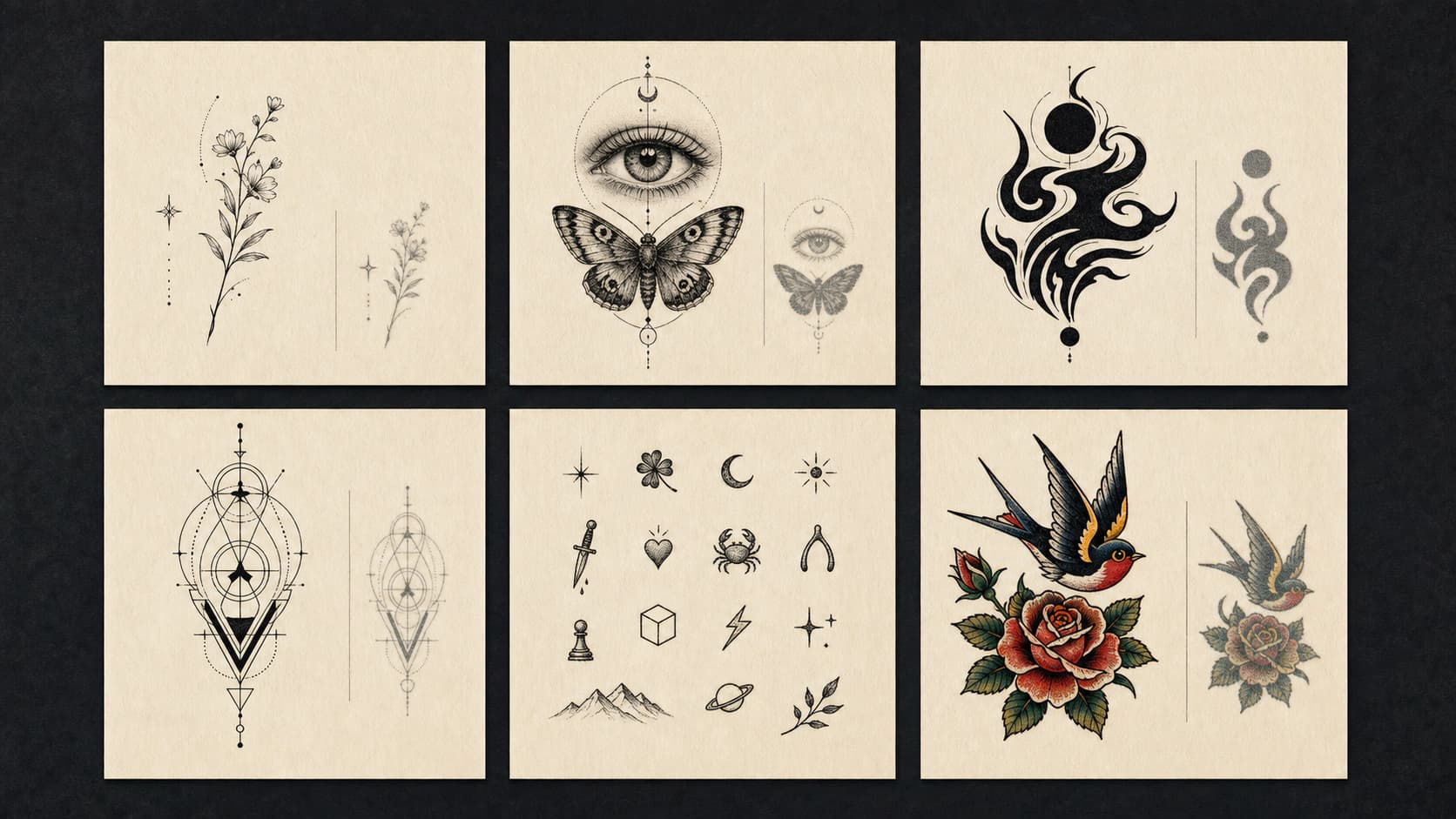 Current tattoo directions including fine line, micro-realism, blackwork, geometric work, patchwork, and American traditional