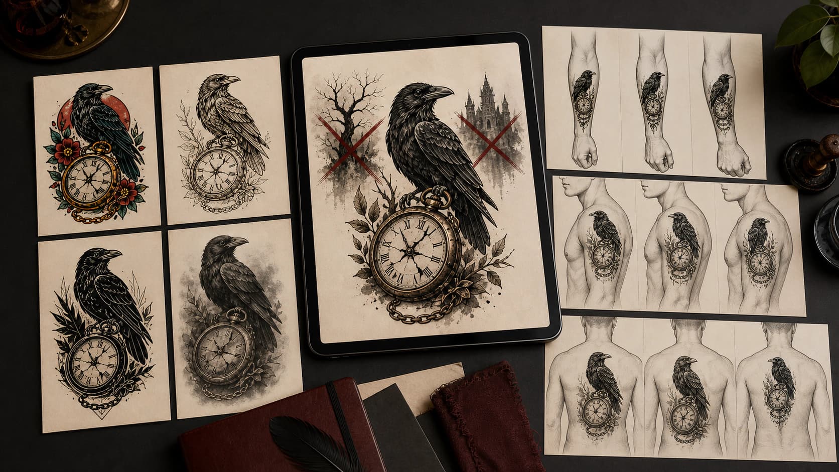 Raven and pocket-watch tattoo compared across four styles and tested on forearm, shoulder, and upper-back placements