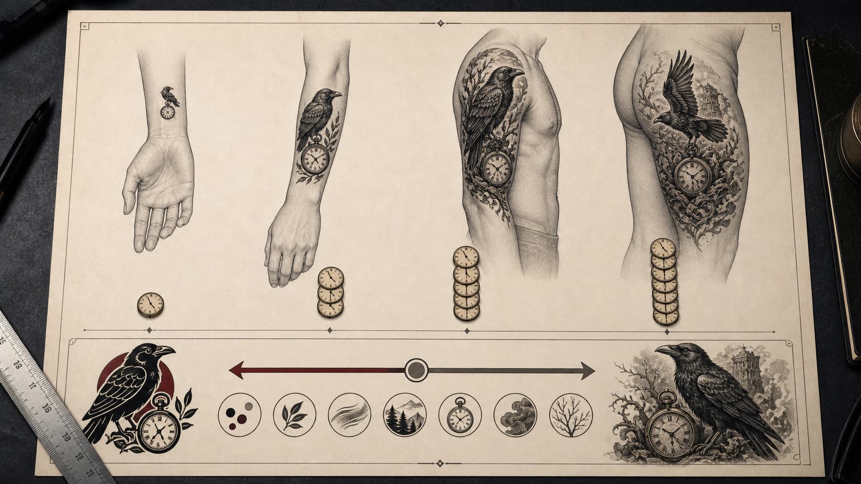 Tattoo scale progression from a small wrist motif through forearm, half-sleeve, and large thigh work with increasing artist-hour tokens