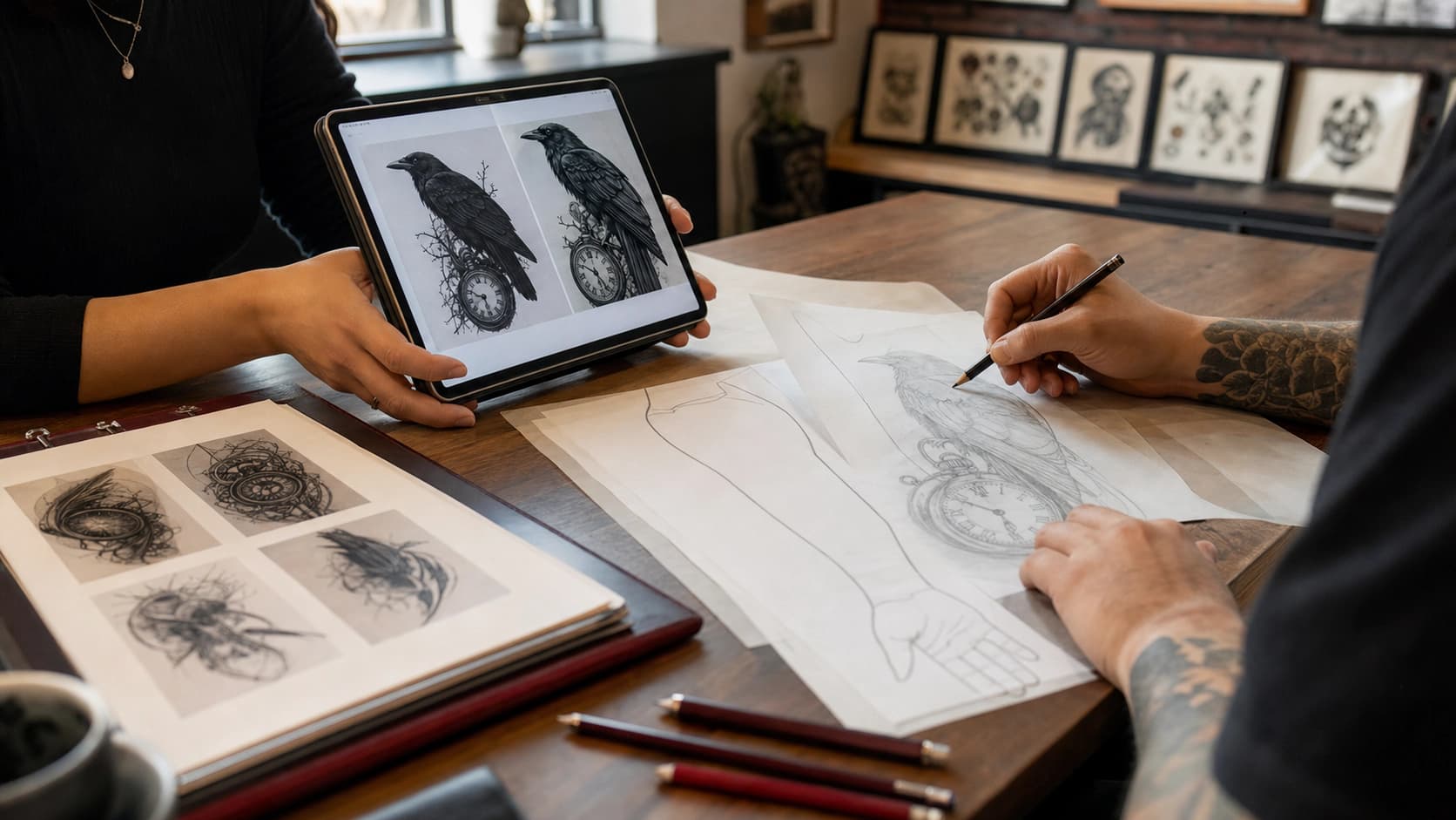 Client and tattoo artist reviewing raven references while the artist redraws the concept to fit a forearm