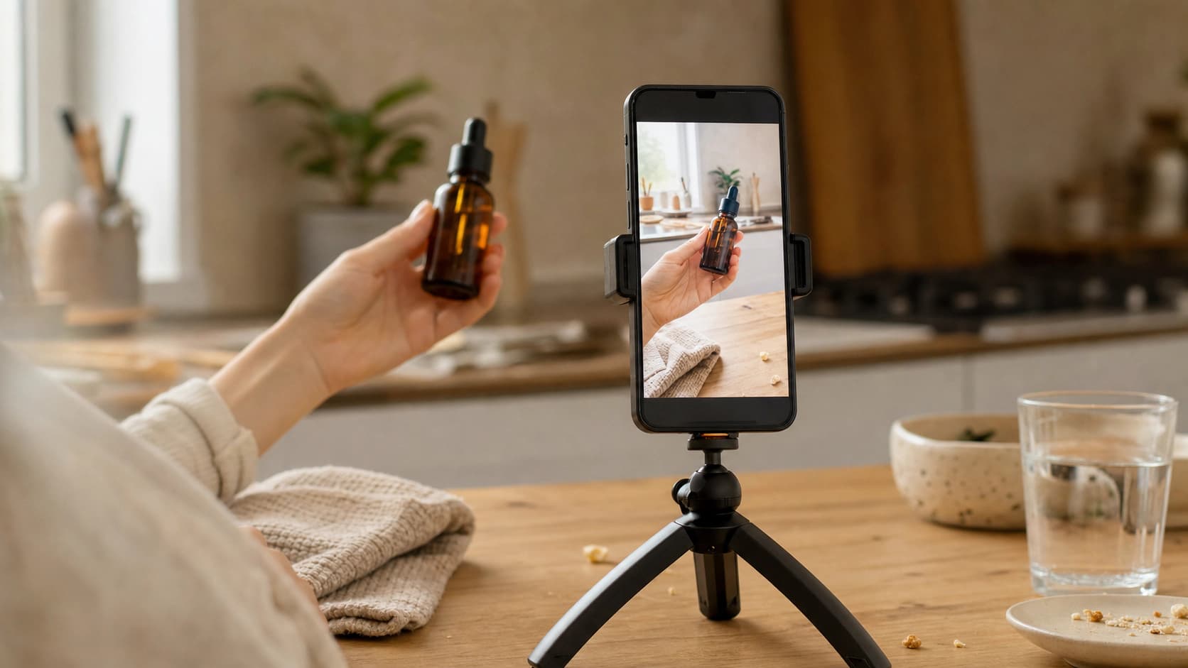 A phone on a small tripod filming a handheld skincare bottle over a cluttered kitchen counter in soft window light, the phone screen showing the vertical shot in progress.