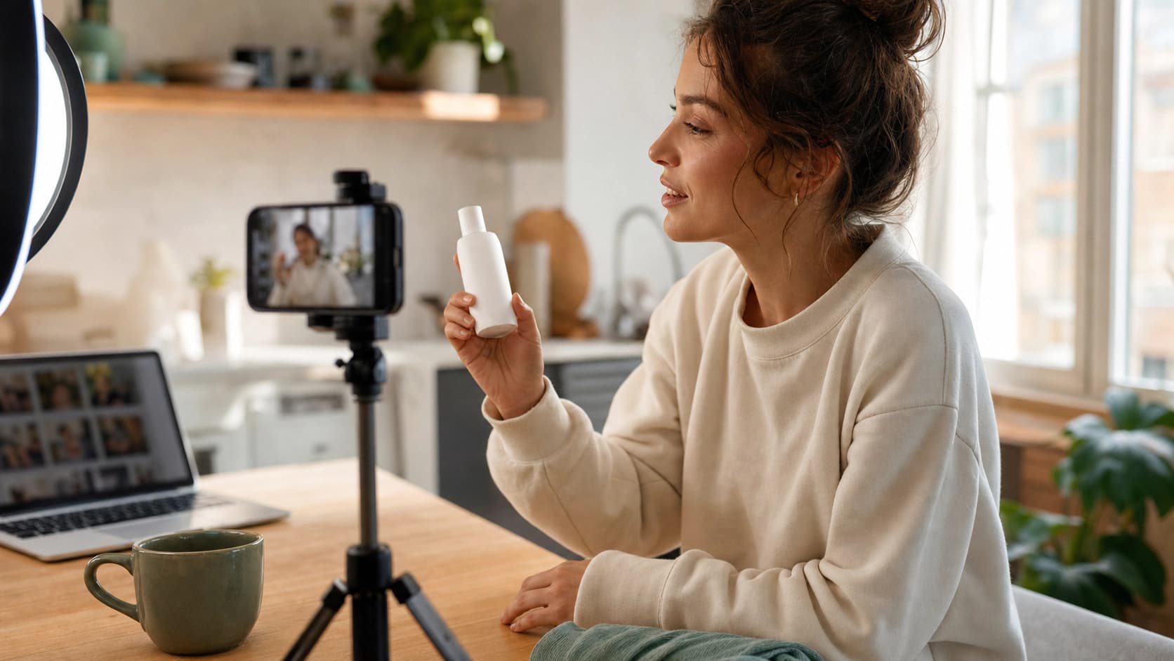 A UGC creator filming a handheld product review on a phone propped against a ring light in a sunlit kitchen