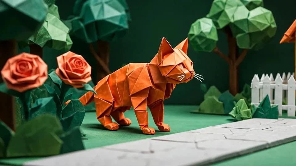 Orange origami cat walking through a paper neighborhood in Google's official Veo 3.1 output