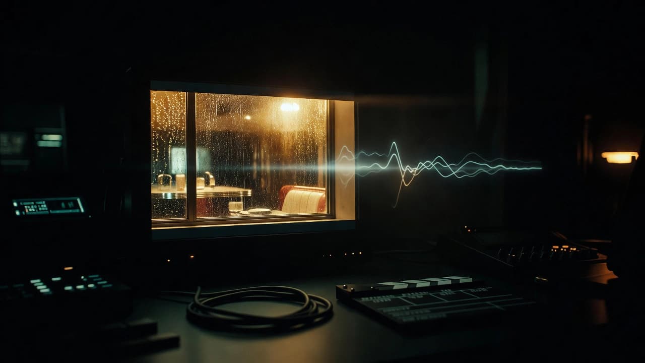 A darkened film-set reference monitor showing a single rain-streaked night frame, with a glowing audio waveform beside it, illustrating video and sound generated together from one prompt.