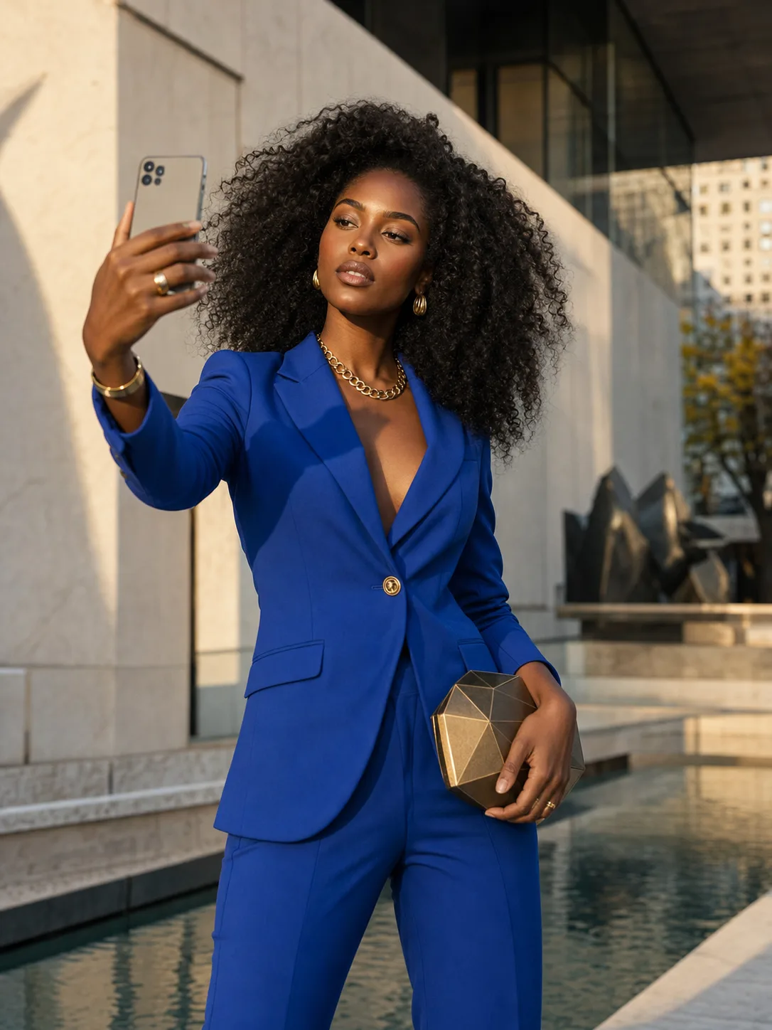 Fictional virtual fashion influencer taking a city selfie in a cobalt suit