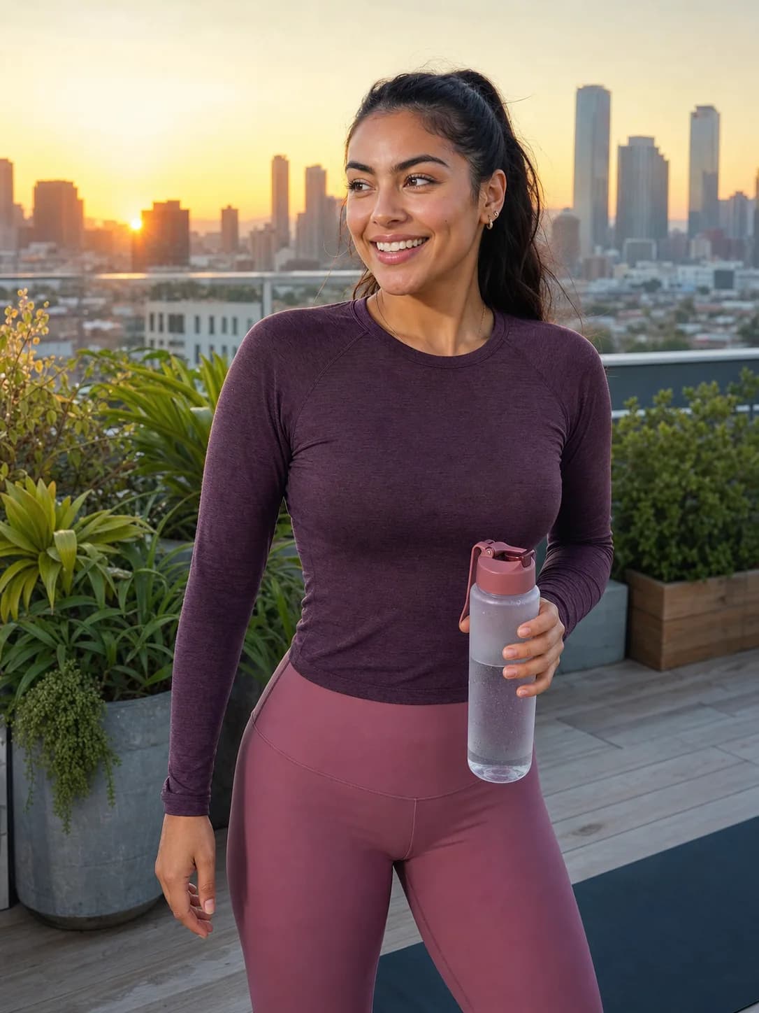 Fictional virtual fitness influencer posing after a rooftop workout at sunrise
