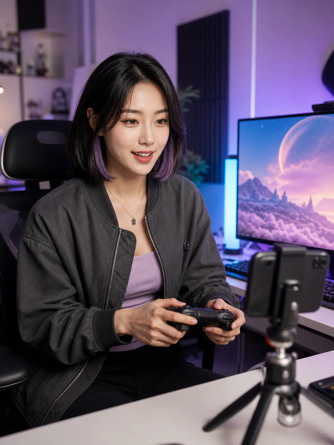 Fictional virtual gaming influencer recording a controller video in a creator studio