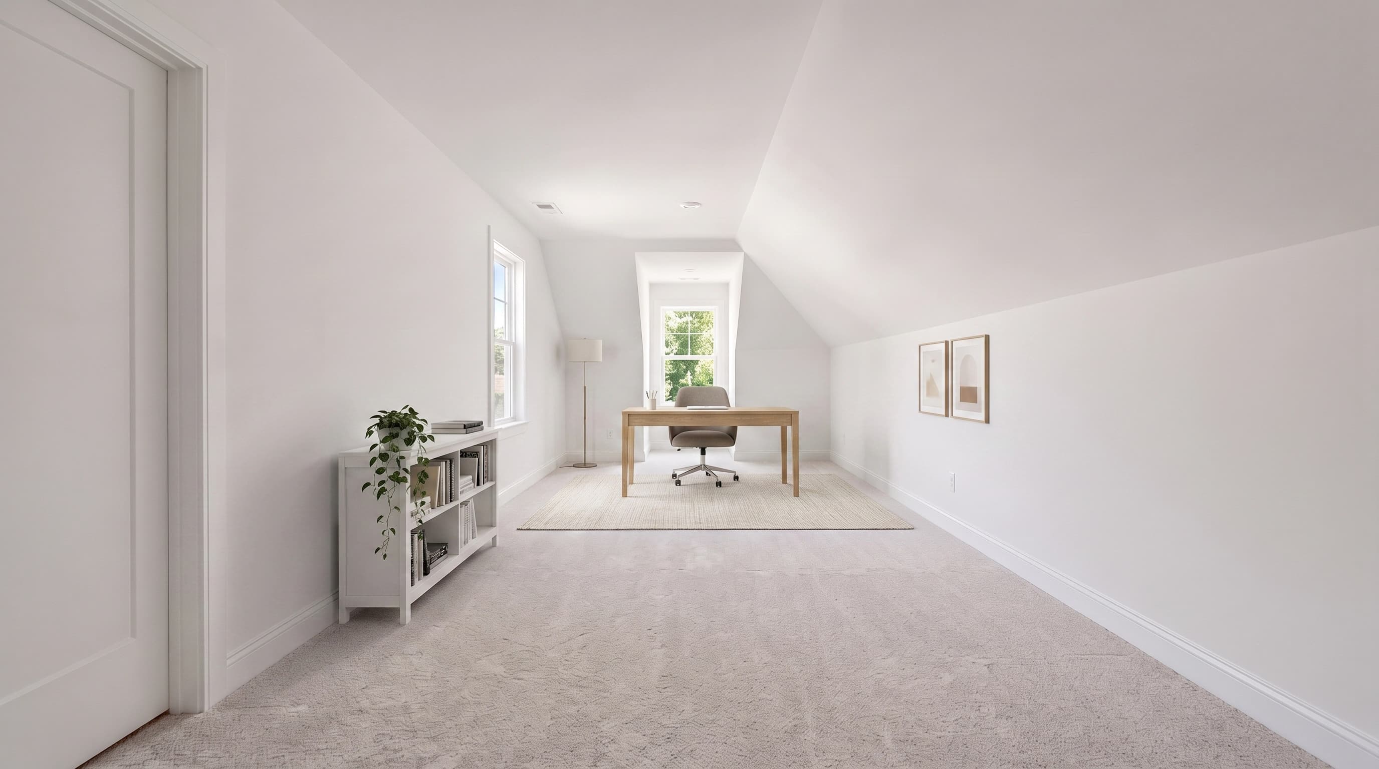 The same bonus room staged as a home office with a light oak desk under the dormer window, a grey task chair, a low white bookshelf, a floor lamp and an oatmeal rug