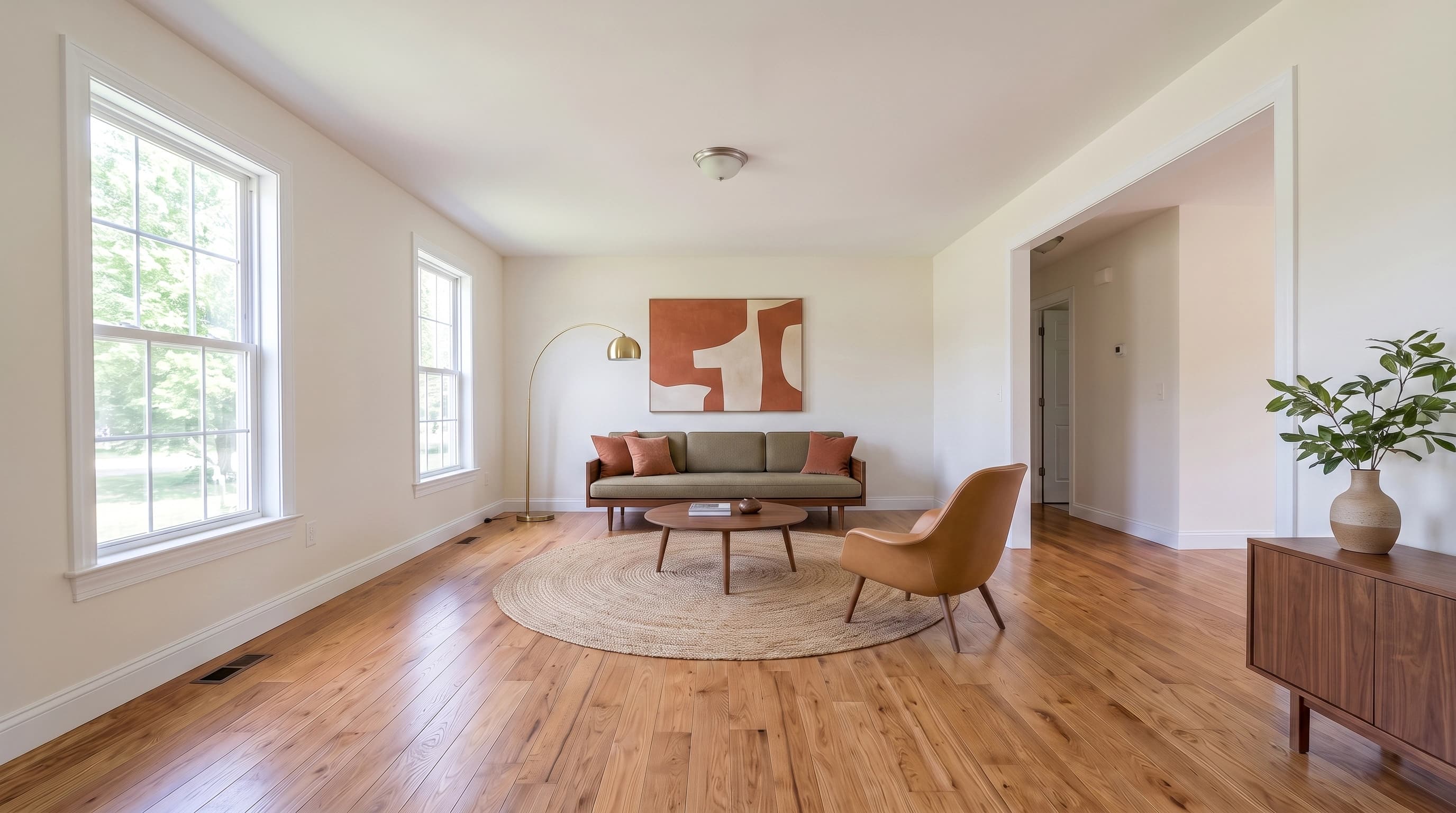 The living room staged mid-century modern: low walnut-framed sofa in olive with rust cushions, round walnut coffee table, tan molded lounge chair, round jute rug, brass arc lamp and a walnut credenza