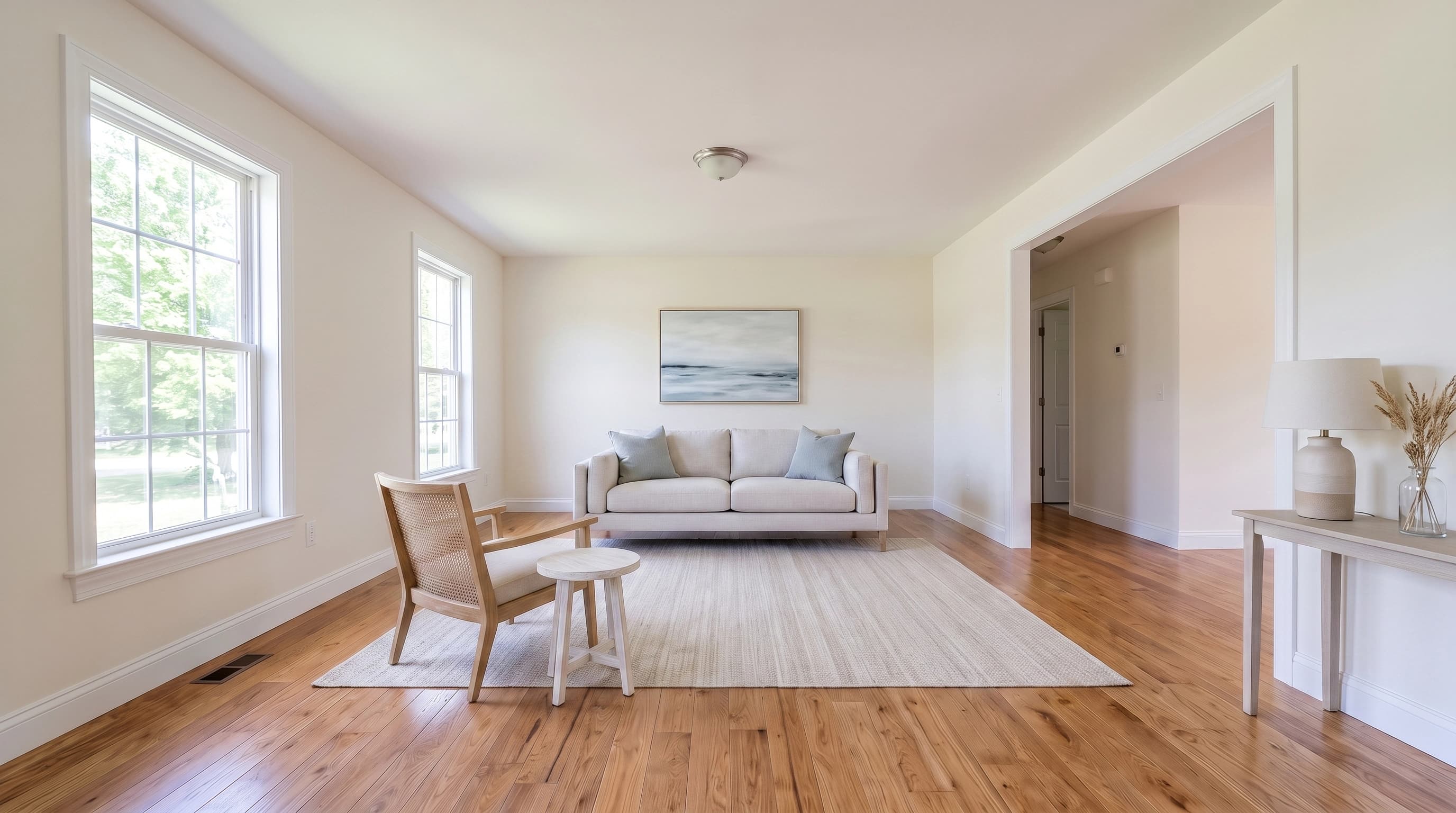 The same living room staged coastal minimal: pale linen two-seat sofa, light oak cane-back armchair, small round side table, flat sand-toned rug, ceramic lamp on a slim console and a soft seascape print