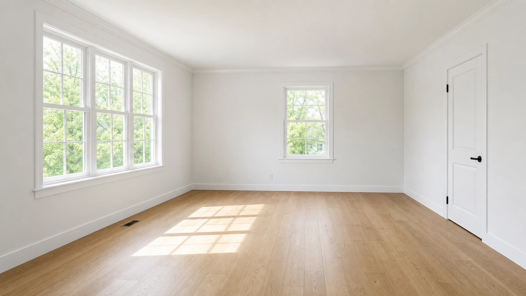 An empty living room with light oak floors, white walls, a three-pane window on the left wall and a smaller window on the back wall, photographed level and wide with daylight falling across the floor