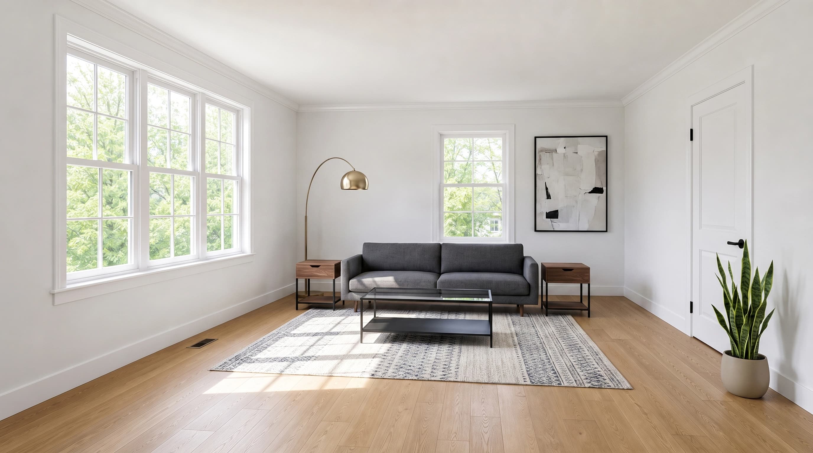 The same living room staged in a modern style with a charcoal sofa, glass and black metal coffee table, walnut side tables, an arc floor lamp and a framed abstract canvas