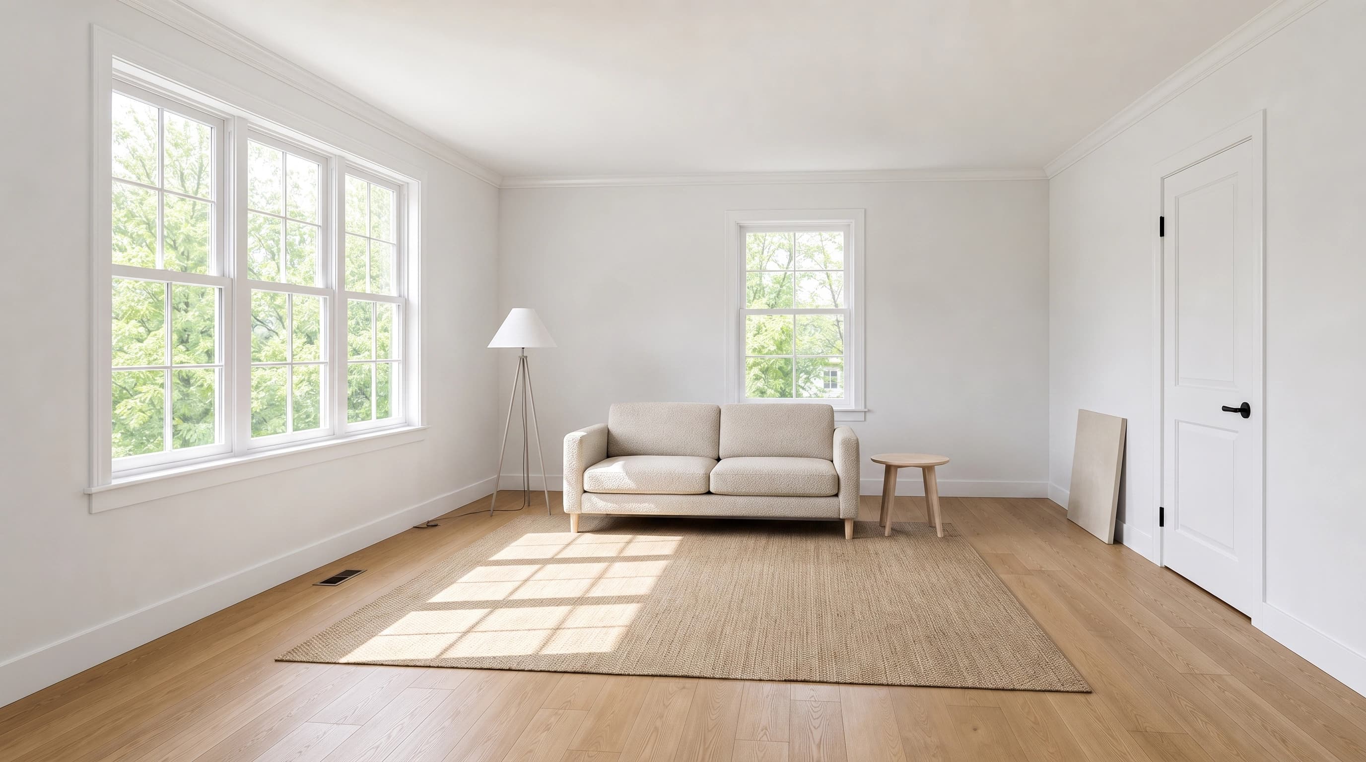 The same living room staged minimally with a small oatmeal boucle sofa, a round ash side table, a jute rug and a slim tripod floor lamp, leaving most of the oak floor bare