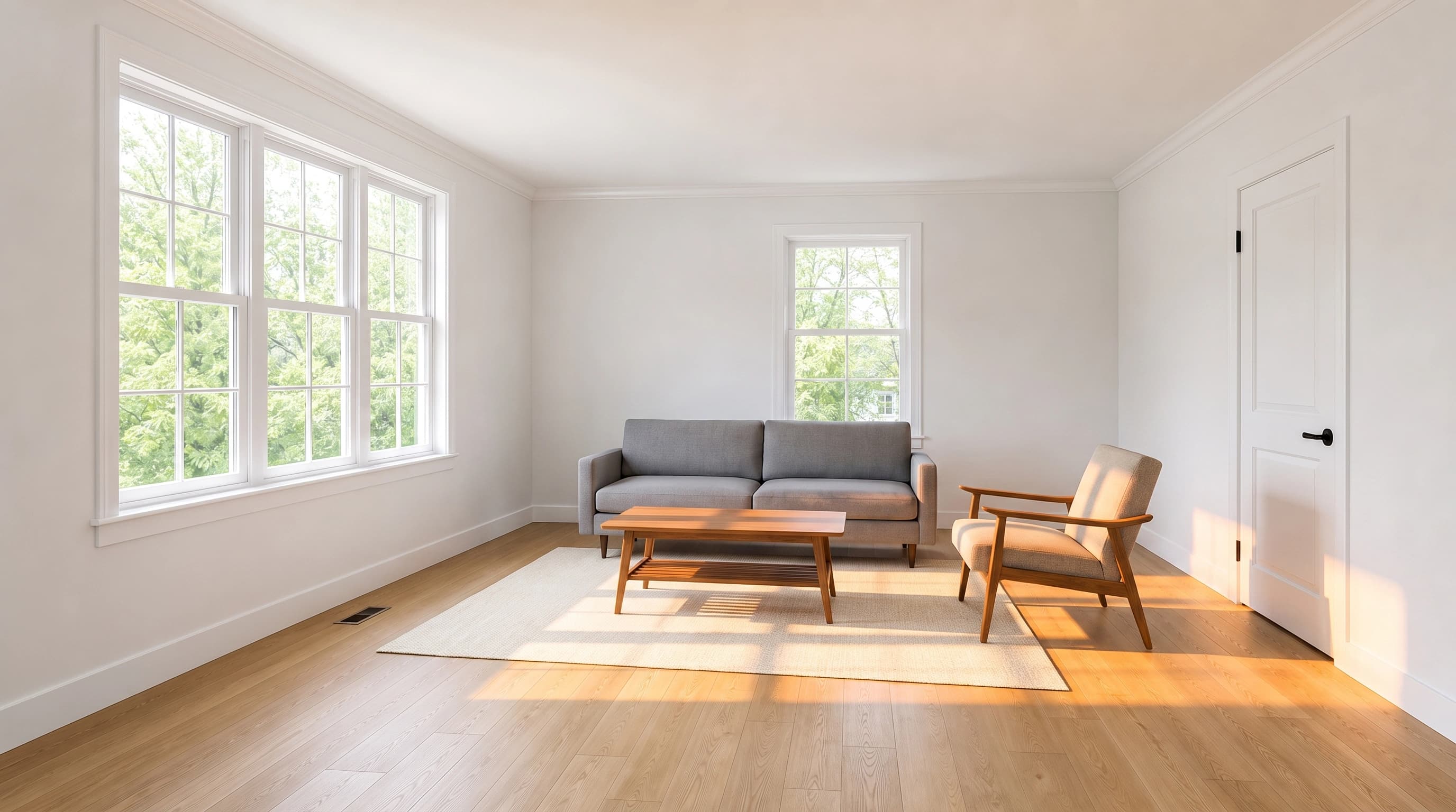 The same living room staged with a grey sofa and wooden armchair that are lit warmly from the right, with pools of warm light on the floor to the right, while the room's only window is the bright cool one on the left