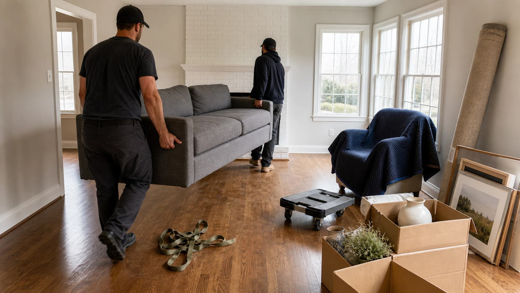 Two stagers carrying a grey sofa into an empty living room, with a rolled rug leaning against the wall, a furniture dolly, packing straps, framed art and boxes of decor on the floor