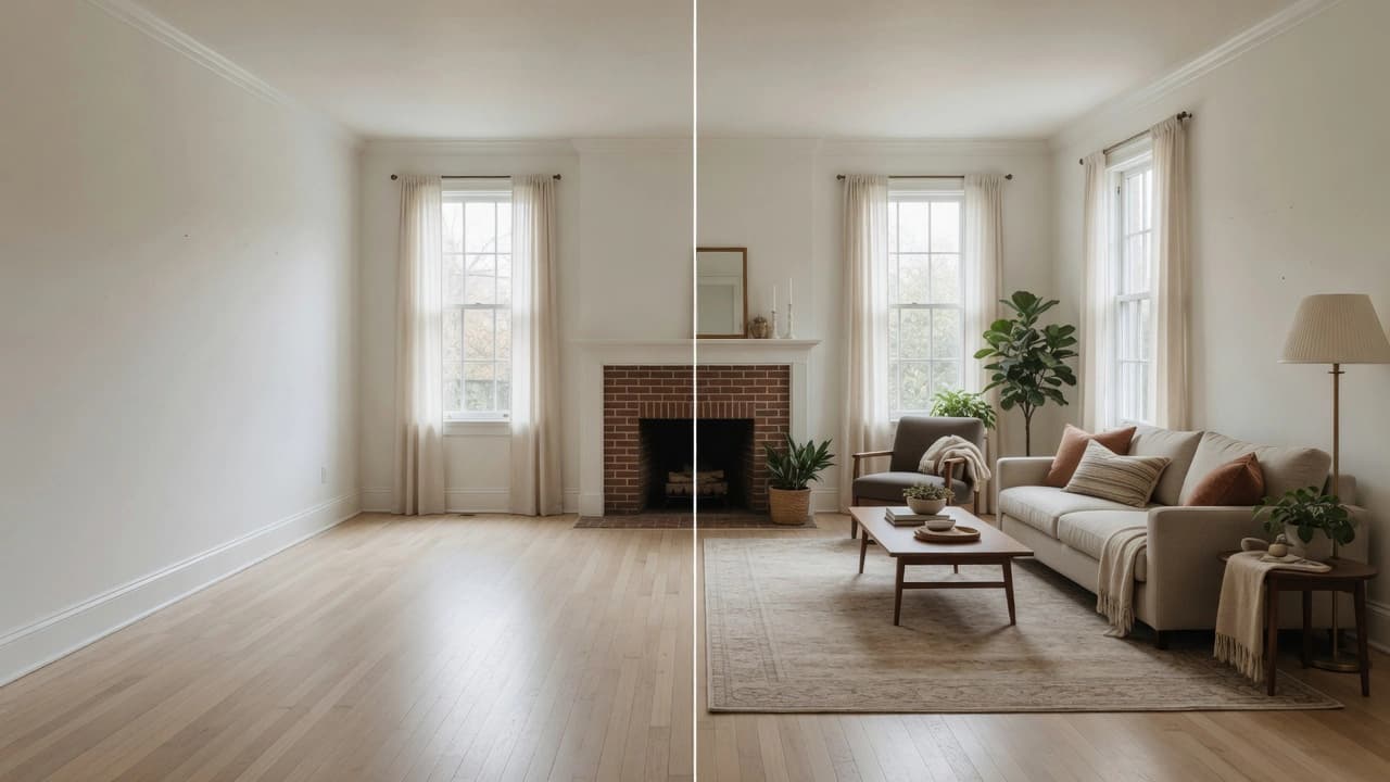 The same living room photographed once, bare on the left half and virtually staged with a sofa, rug, and plants on the right half