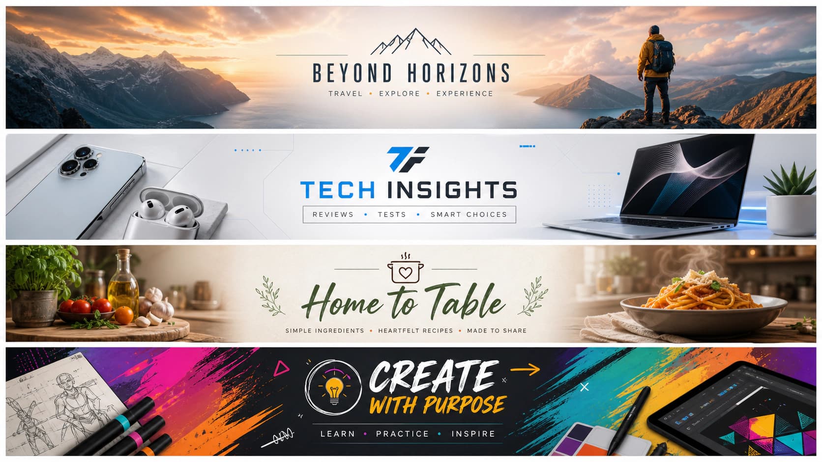 Four fictional channel banners for travel, technology, cooking, and creative education