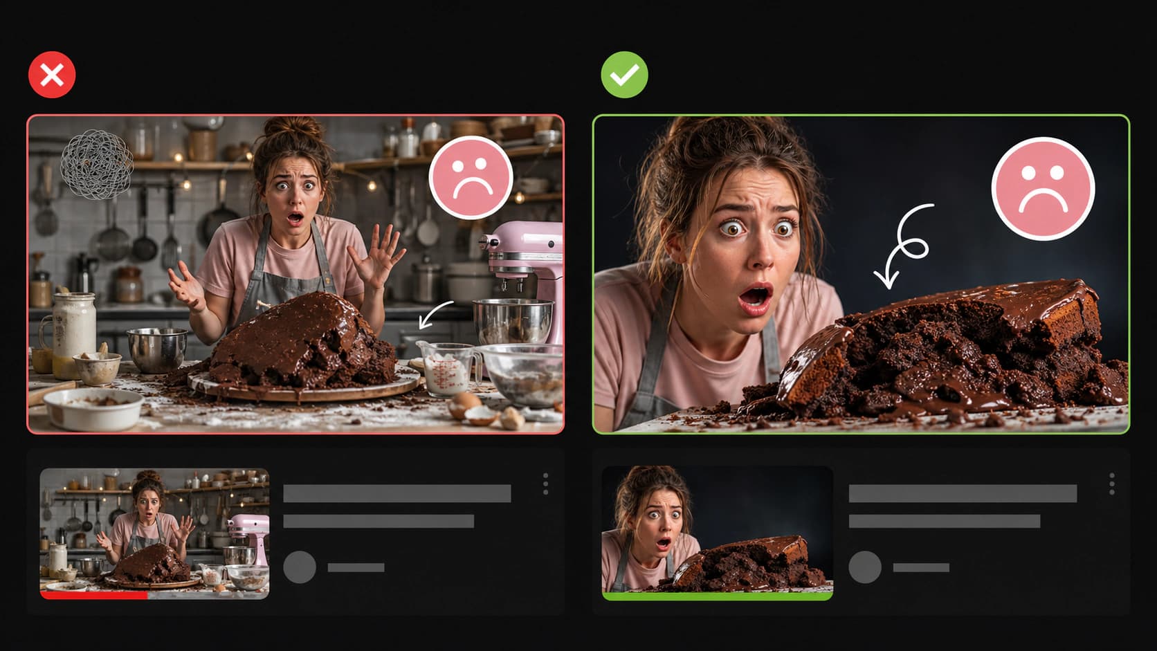 Cluttered baking thumbnail compared with a tightly framed thumbnail built around one focal point