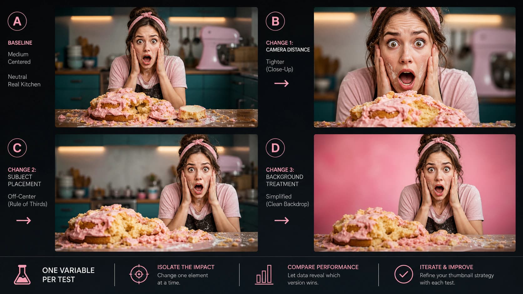 Four controlled thumbnail variations changing camera distance, placement, and background