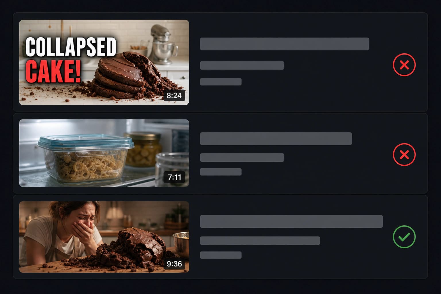 Three fictional video-feed rows comparing how thumbnails work beside their titles